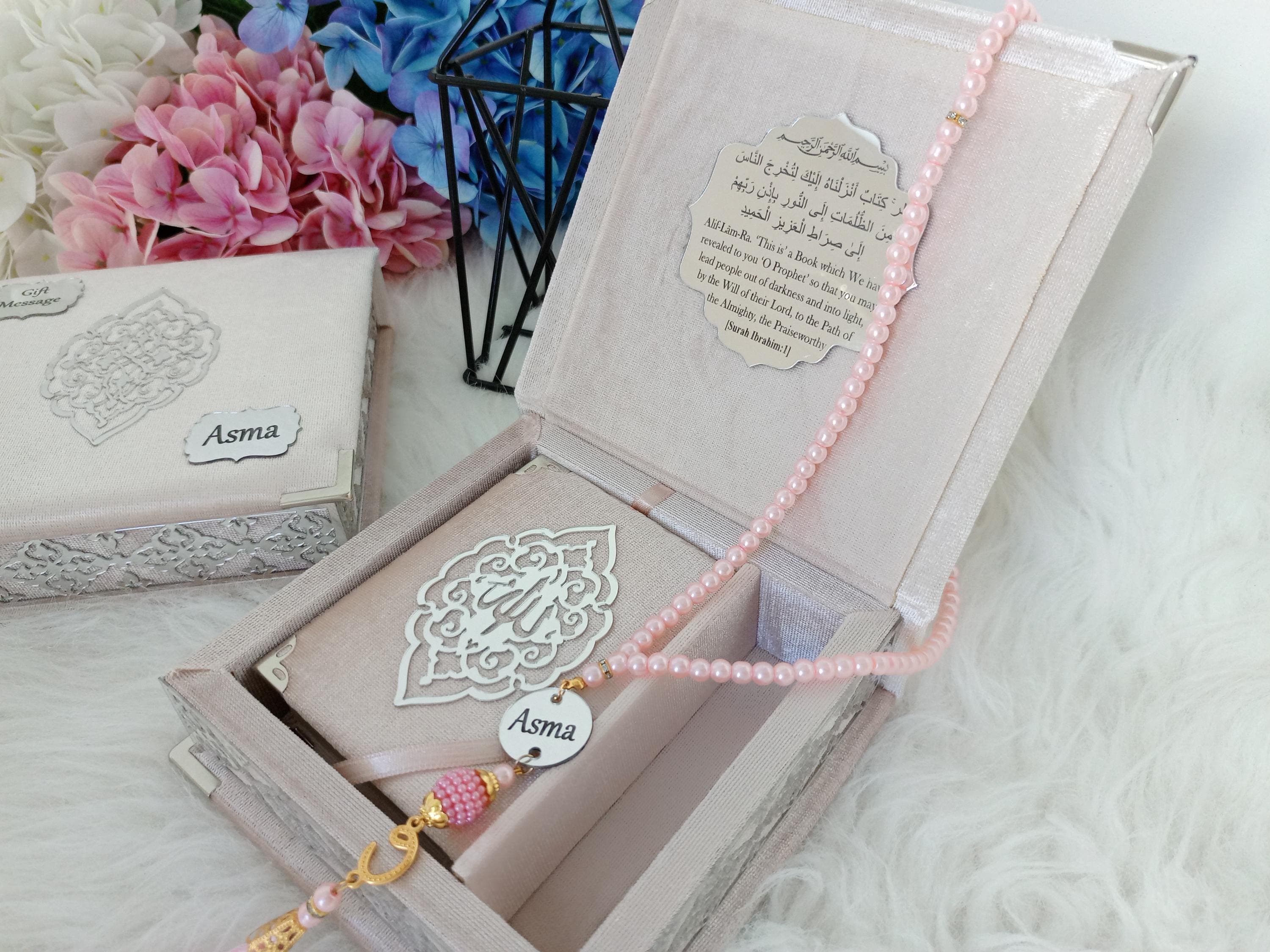 Personalized Velvet Quran Gift Set | Pearl Prayer Beads, Islamic Favors