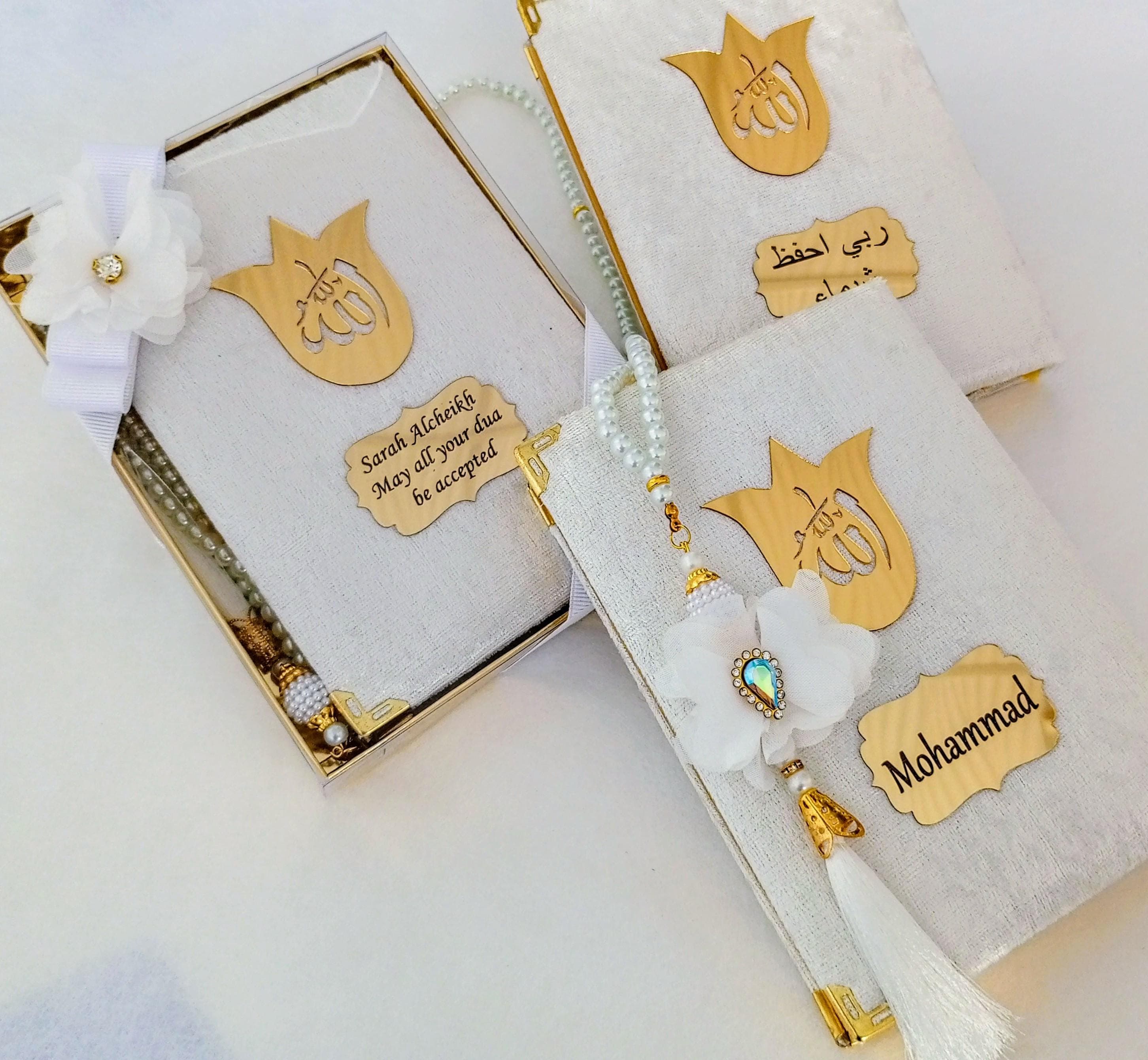 Personalized Velvet Quran Gift Set | Pearl Prayer Beads, Islamic Favors