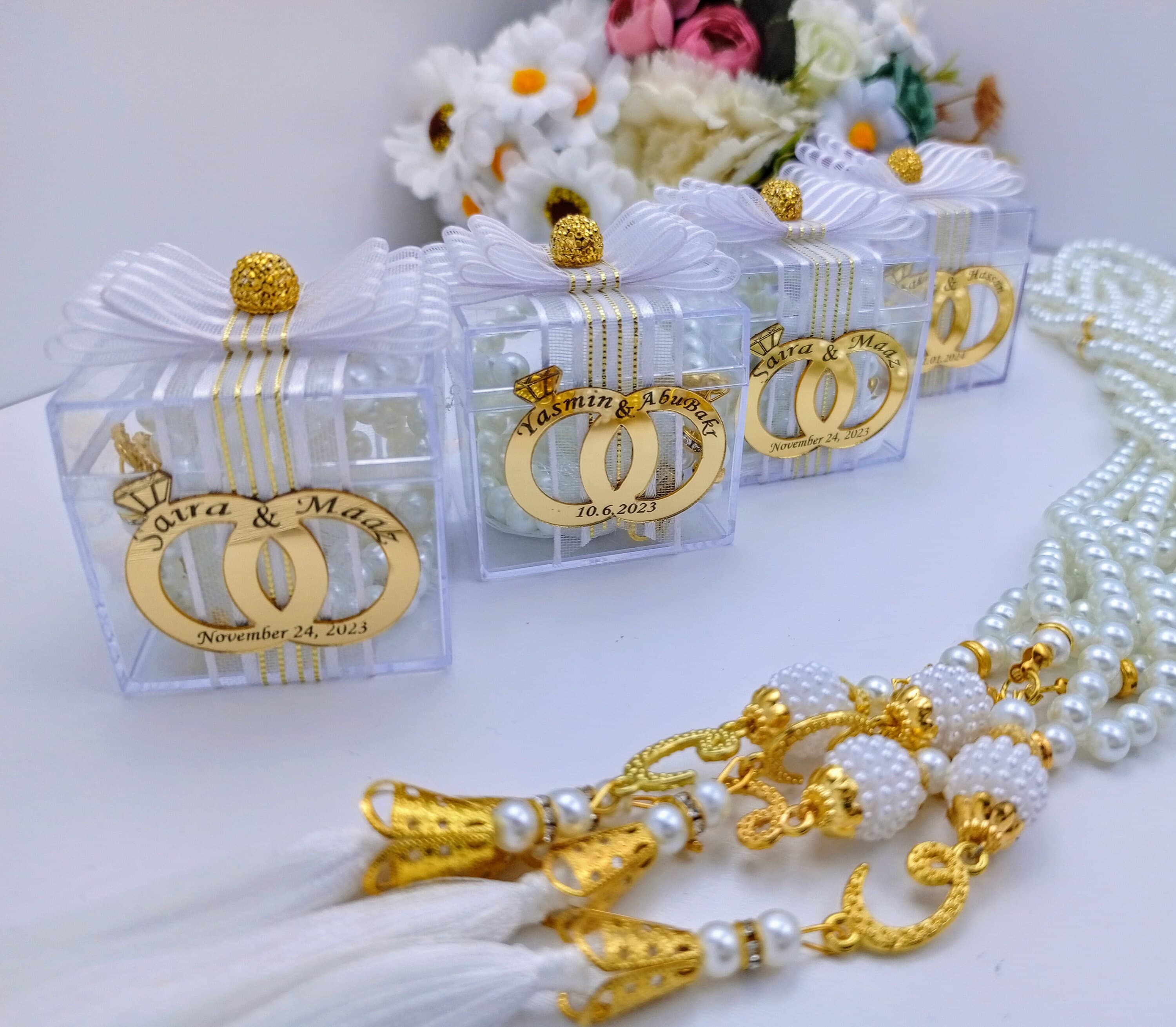Personalized Pearl Tasbih Favors, 99 Prayer Beads, Eid Gift