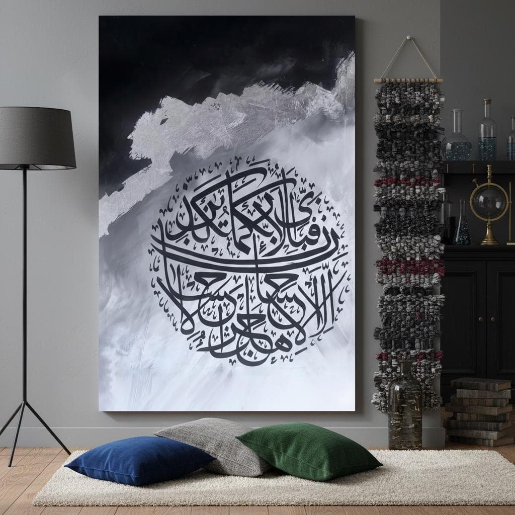 Abstract Arabic Calligraphy Art Print – Black & Silver Islamic Home Decor