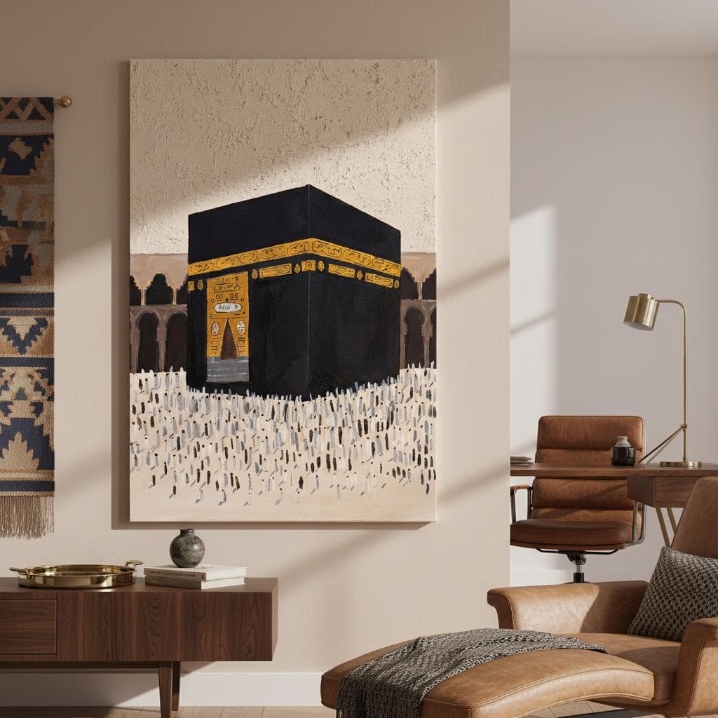 Kaaba Crowd Textured Art Print | Black Gold Islamic Wall Decor, Mecca Masjid Al-Haram Canvas