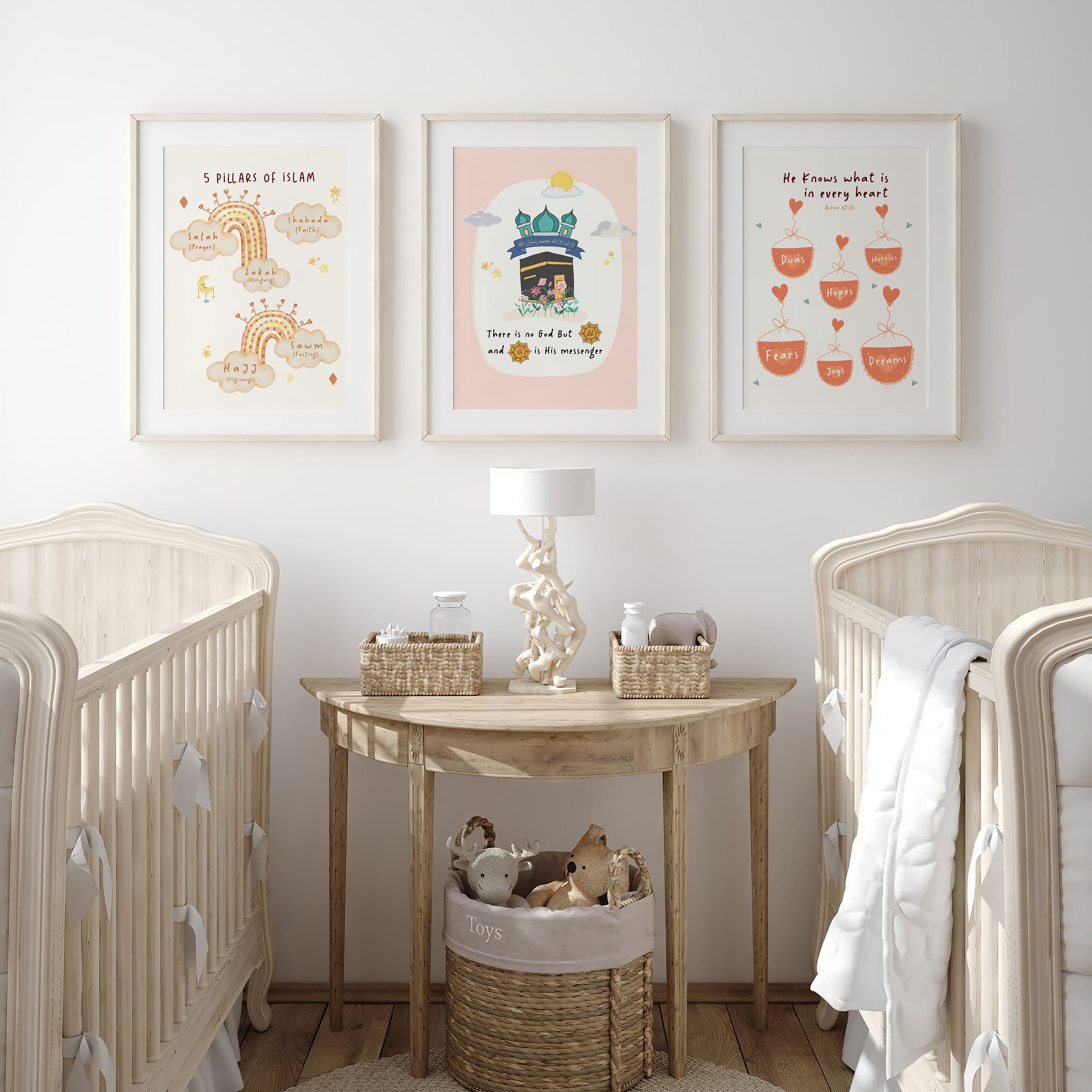 Enhance your child's Islamic learning environment with this captivating set of 6 downloadable Islamic nursery art prints featuring a variety of educational and inspiring themes