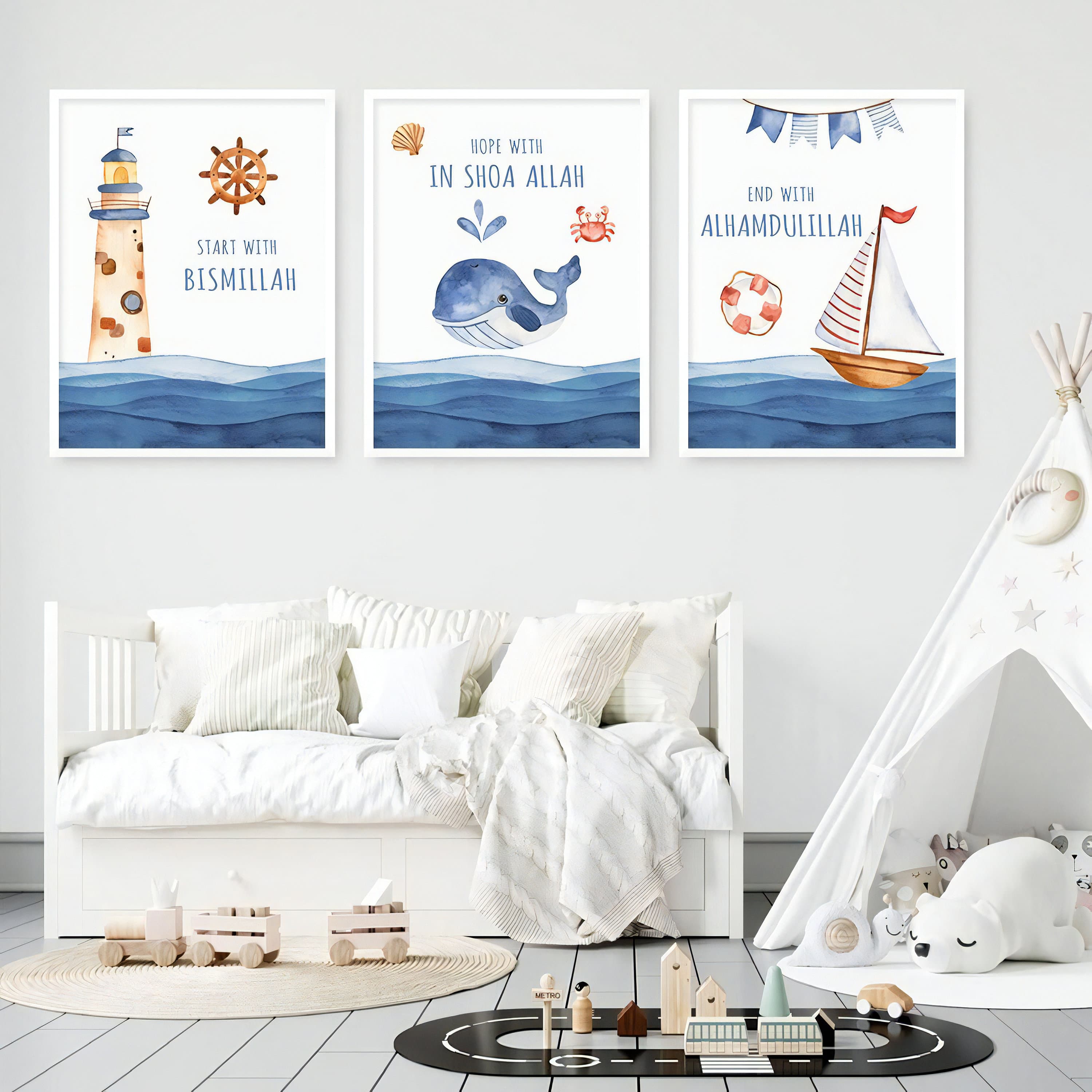 Islamic Nursery Art Prints (Set of 3) | Bismillah, Whale, Ocean Theme (Digital Download) - image 5