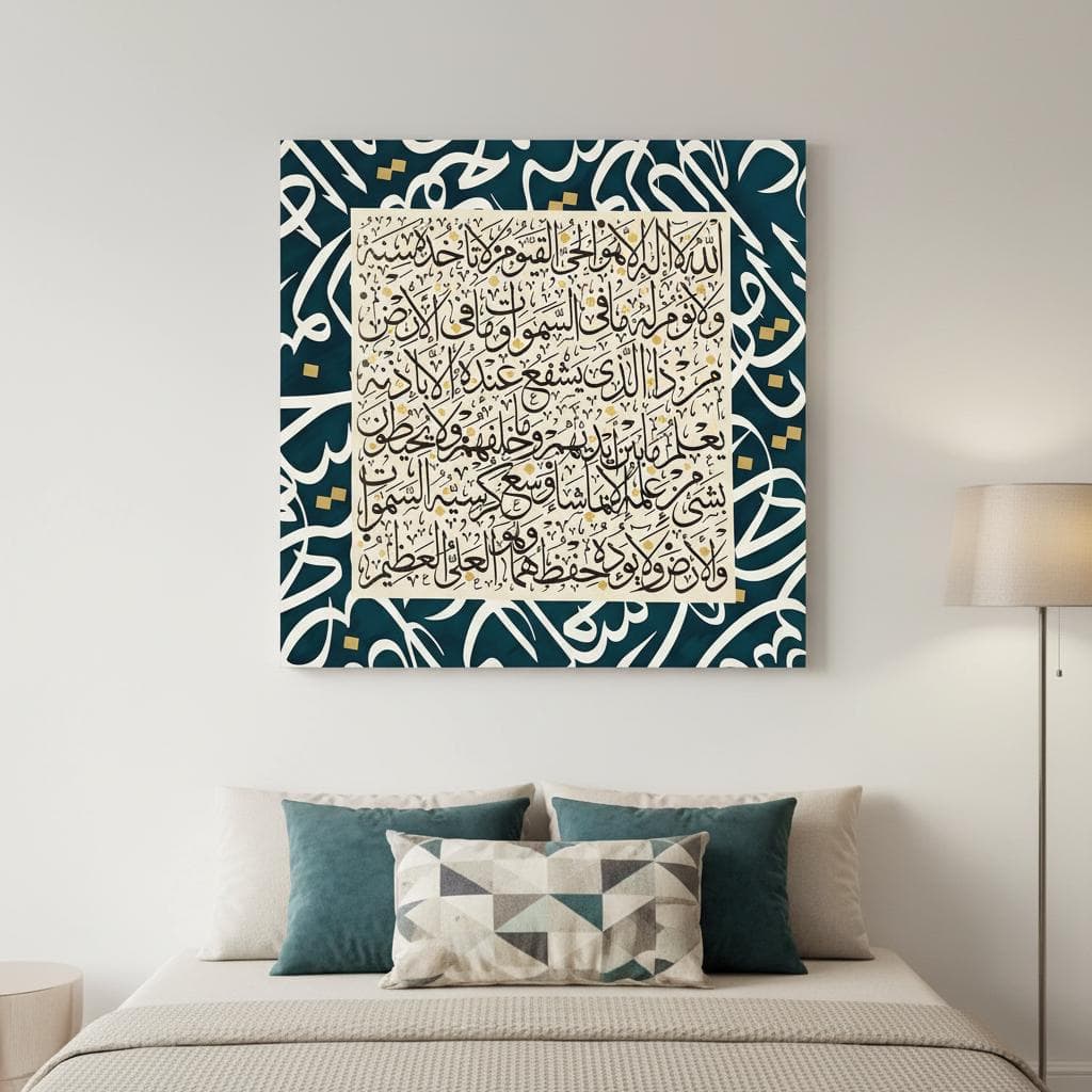 Ayatul Kursi Arabic Calligraphy Art Print | Gold Teal Abstract Islamic Wall Decor