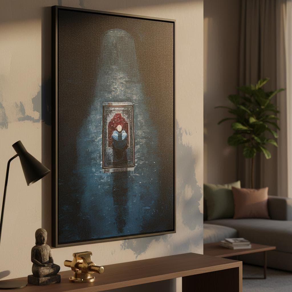 Islamic Prayer Art Print | Moody Blue & Red Spiritual Canvas Decor