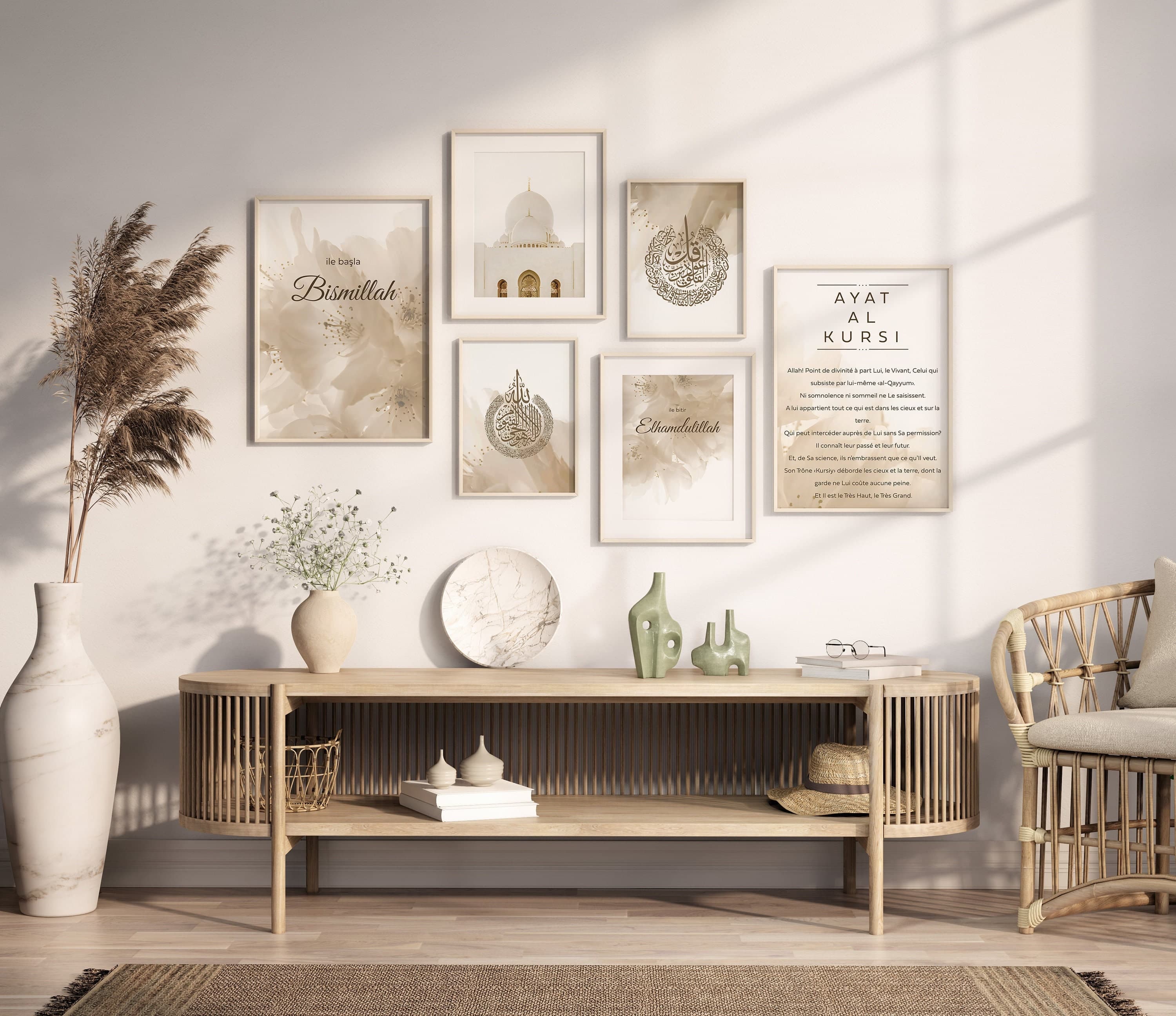 Enhance your Islamic home decor with a stunning set of abstract Arabic calligraphy prints, each one a glimpse of artistic grace and spiritual connection