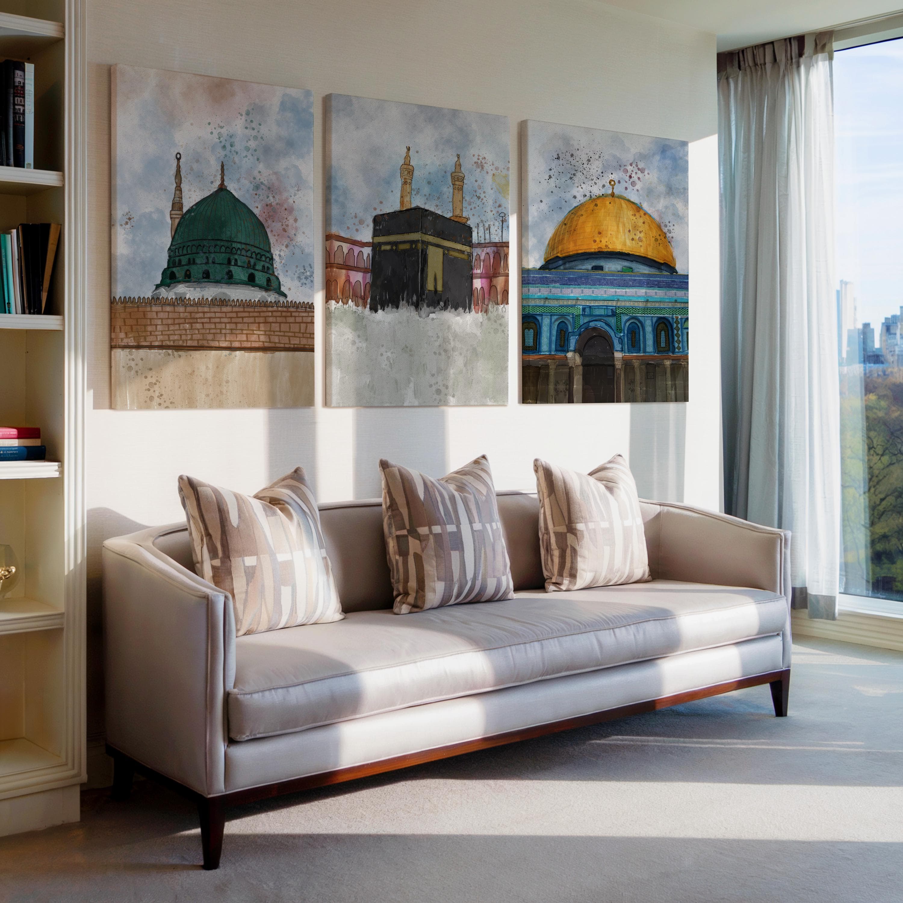 Islamic Wall Art Set | Three Holy Mosques Watercolor Canvas Painting