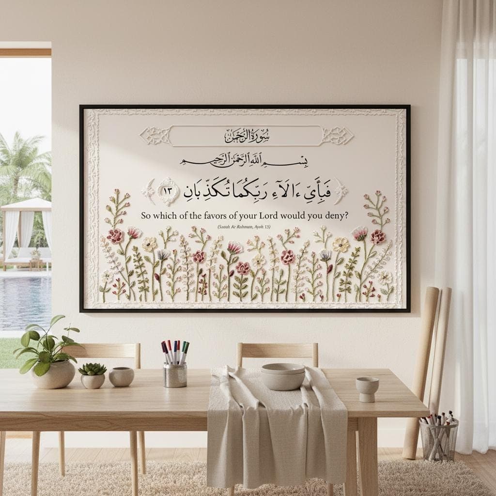 Surah Rahman Ayah 13 Islamic Art Print | Embroidered Floral Arabic Calligraphy, Pastel Home Decor