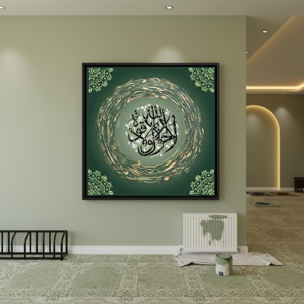 Islamic Calligraphy Art Print | Textured Black White Gold Green Wall Decor