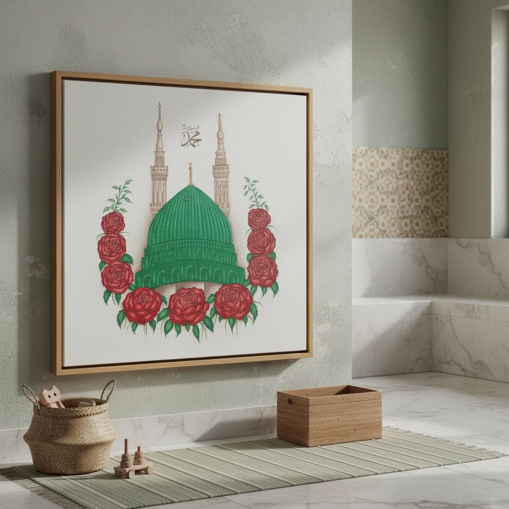 Prophet's Mosque Print: Islamic Art with Red Roses & Arabic Calligraphy - image 3
