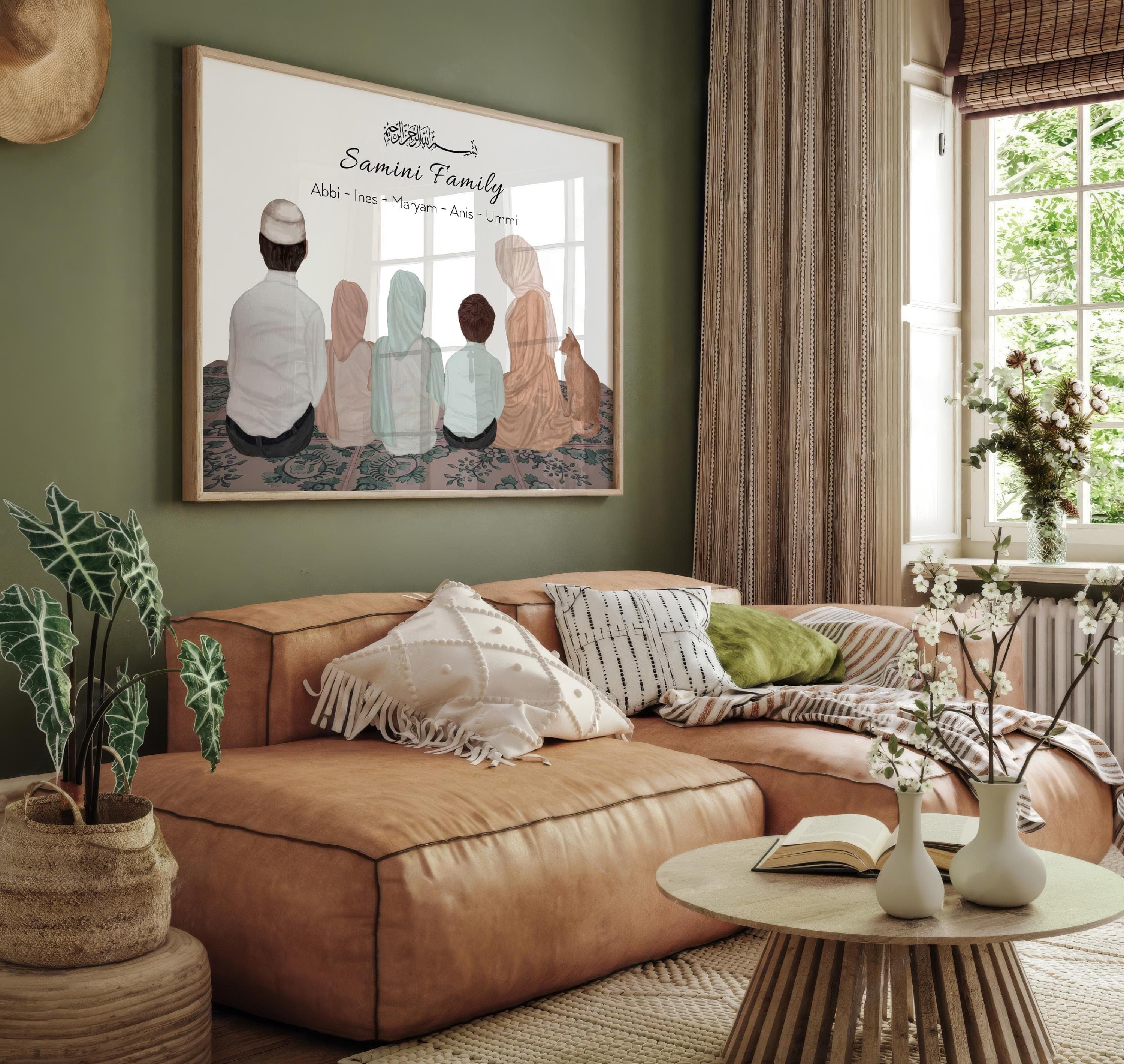 Elegant neutral-toned family portrait with traditional and modern Islamic attire.