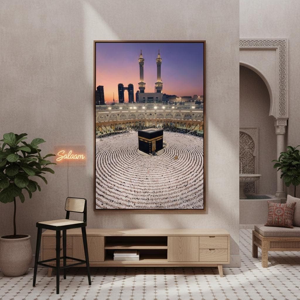 Kaaba Sunset Wall Art | Islamic Pilgrimage, Abstract Purple Pink Sky