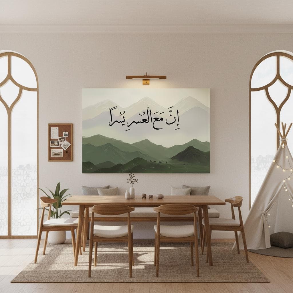 Islamic Calligraphy Art | Inna Ma'al Yusra, Misty Mountain Landscape