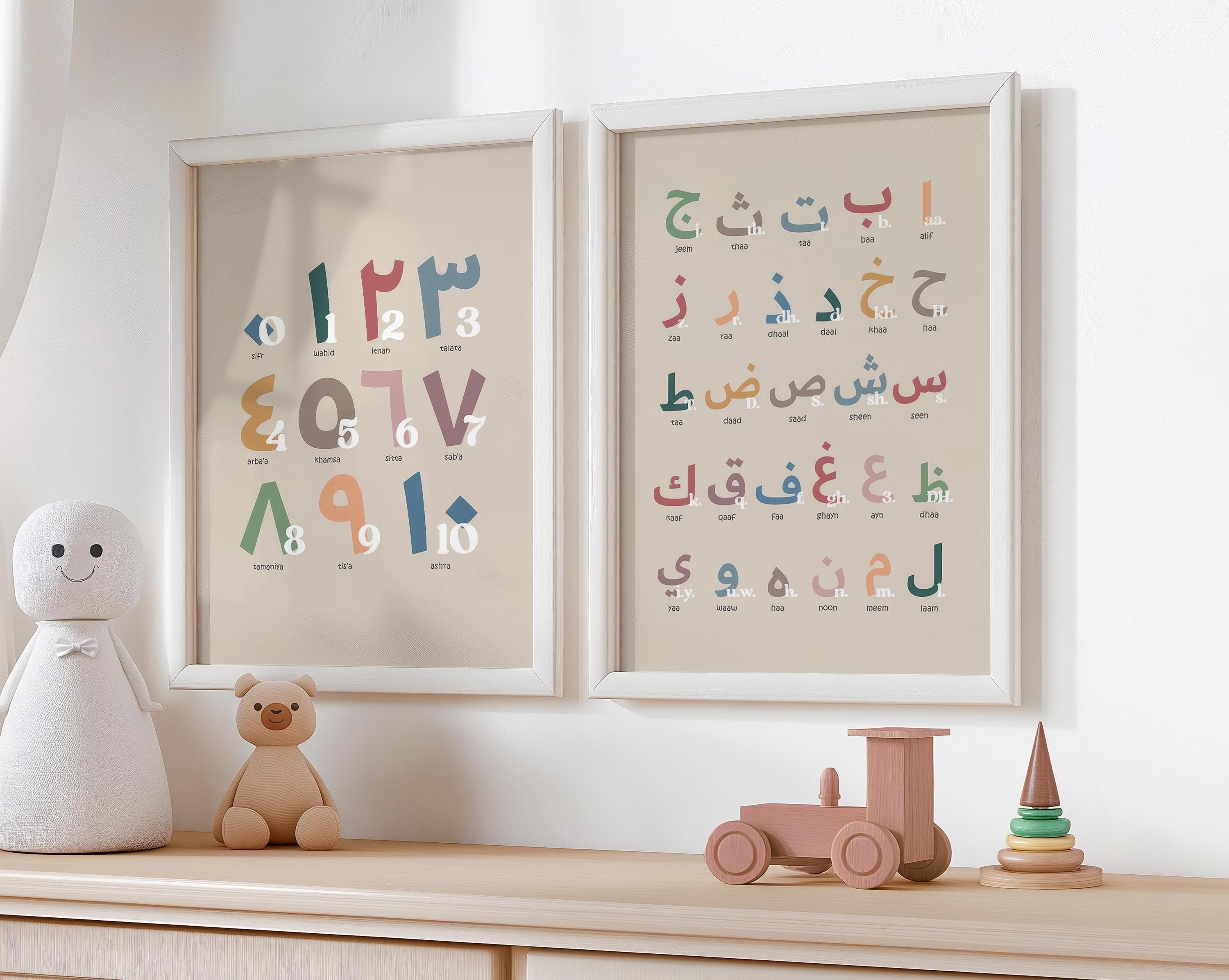 Colorful Islamic learning print with English and Arabic letters