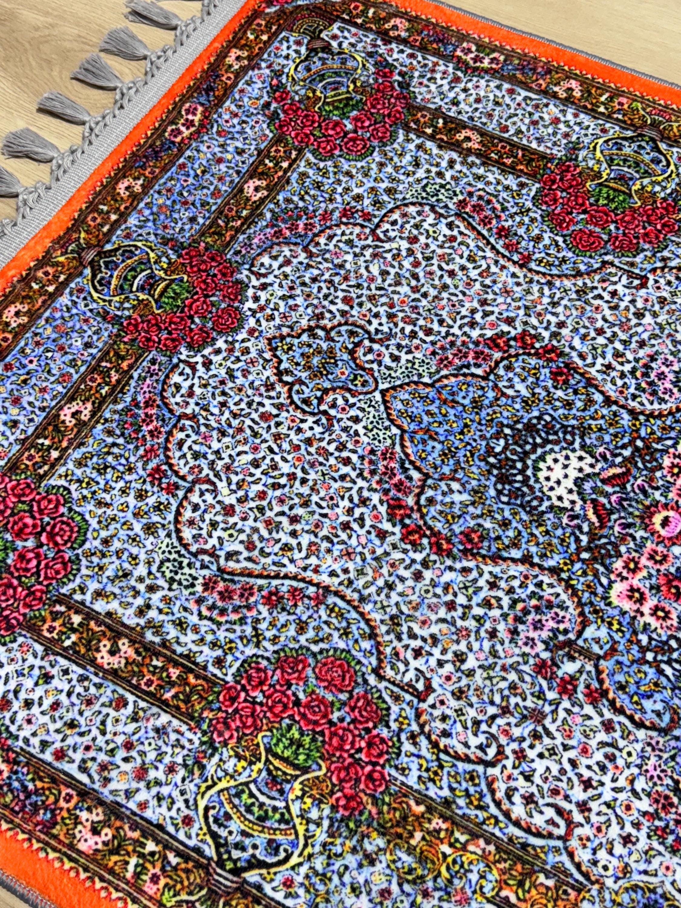 Orange Floral Prayer Rug , Turkish Persian Style, Soft Carpet - Ottoman Mat - Ramadan Salah - Janamaz - image 5