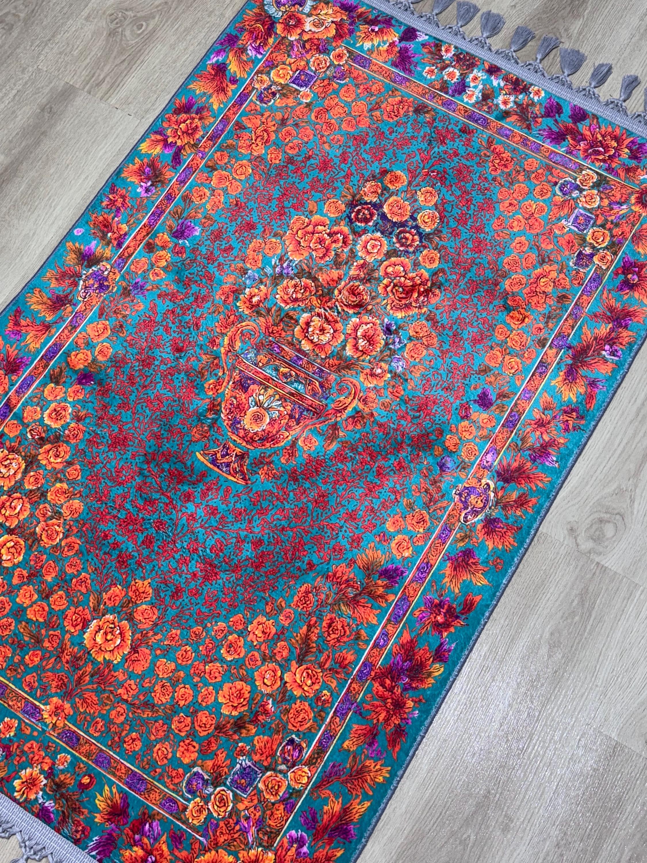 Floral Muslim Prayer Rug , Soft Janamaz Mat with Mihrap Design - Turkish Ottoman Carpet - Ramadan