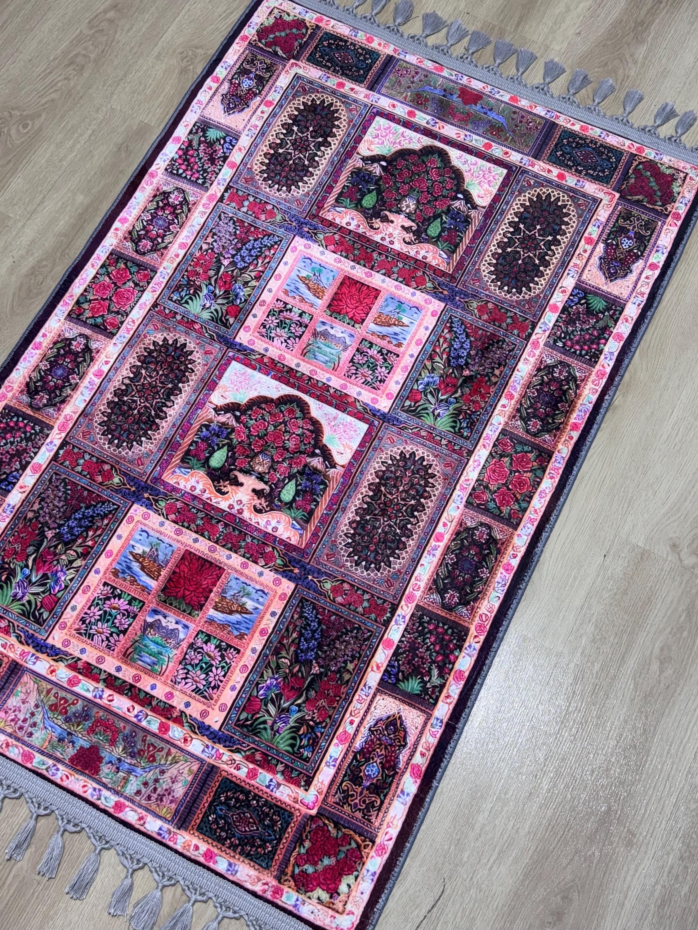 Floral Prayer Rug , Plush Muslim Prayer Mat, Islamic Ramadan Gift , Muslims Carpet , Runner