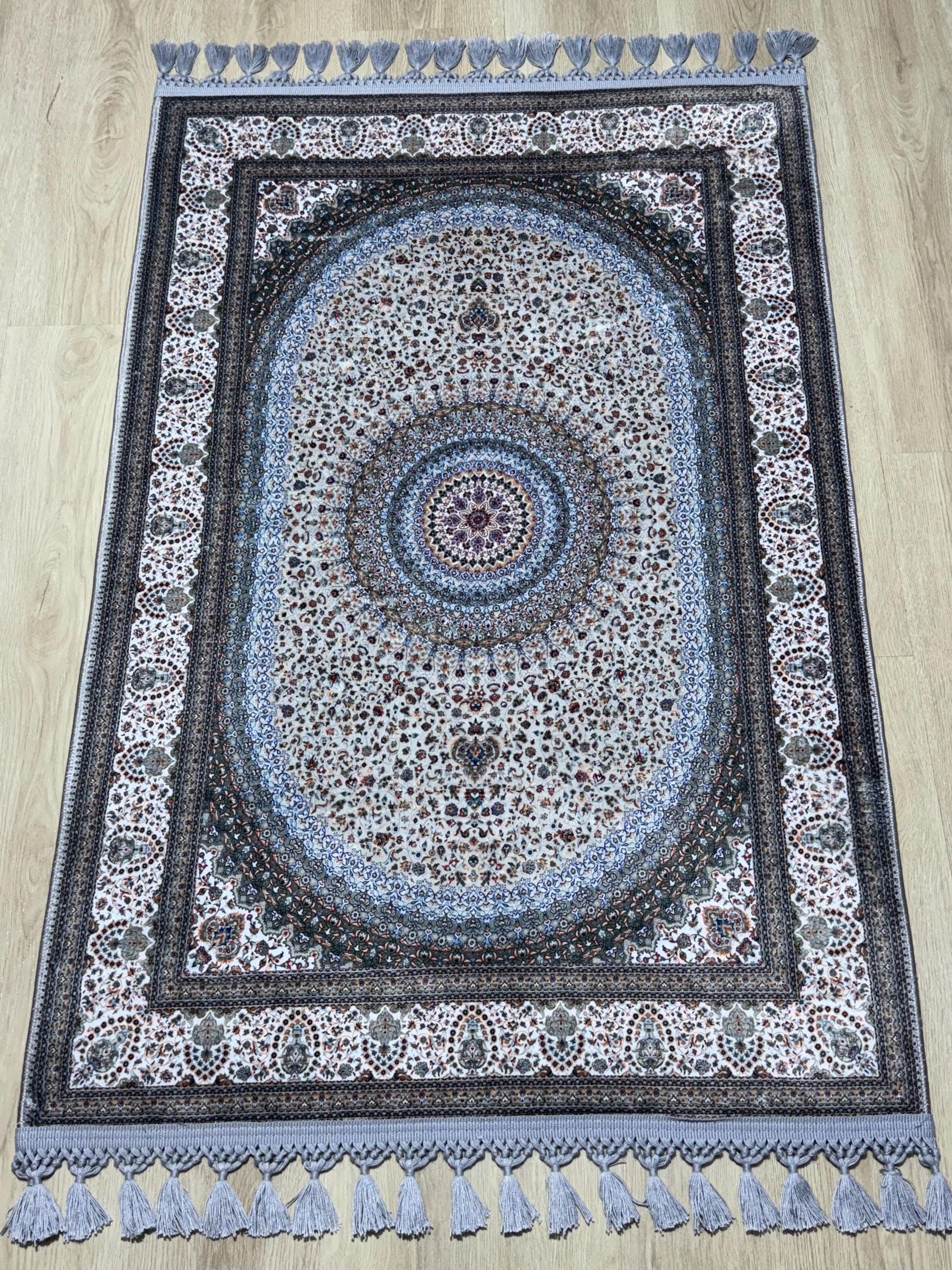 Gray Prayer Rug , Classic Medallion, Soft Silk-Touch Carpet, Non-Slip , Sejadah , Janamaz - Bamboo - image 3
