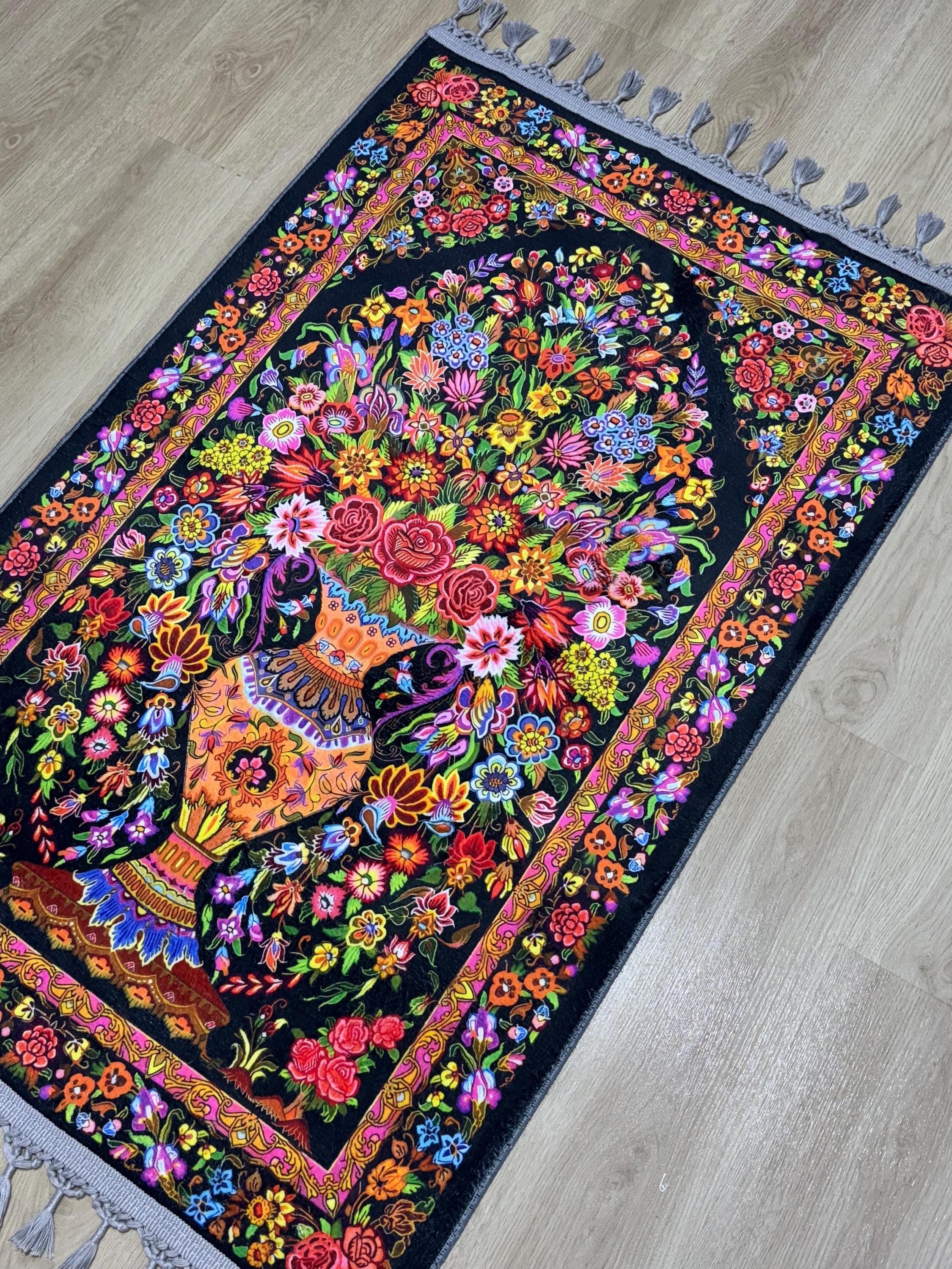 Floral Velvet Turkish Prayer Rug , islamic Sajadah Janamaz Mat -Ramadan Gift- Gebetsteppich