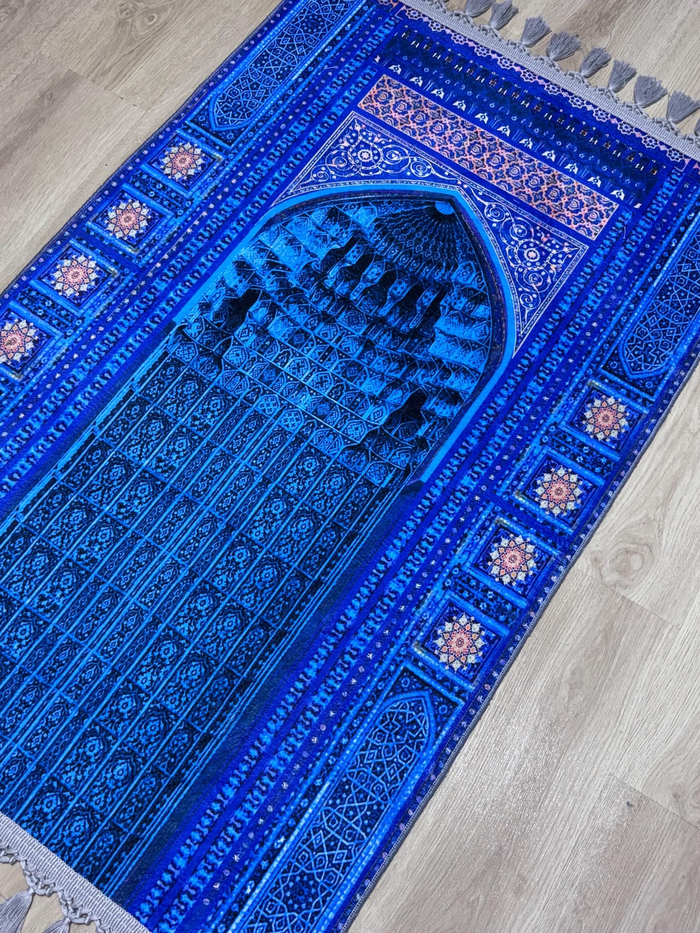 Blue Islamic Prayer Rug Turkish Mosque Design, Muslim Ramadan Gift