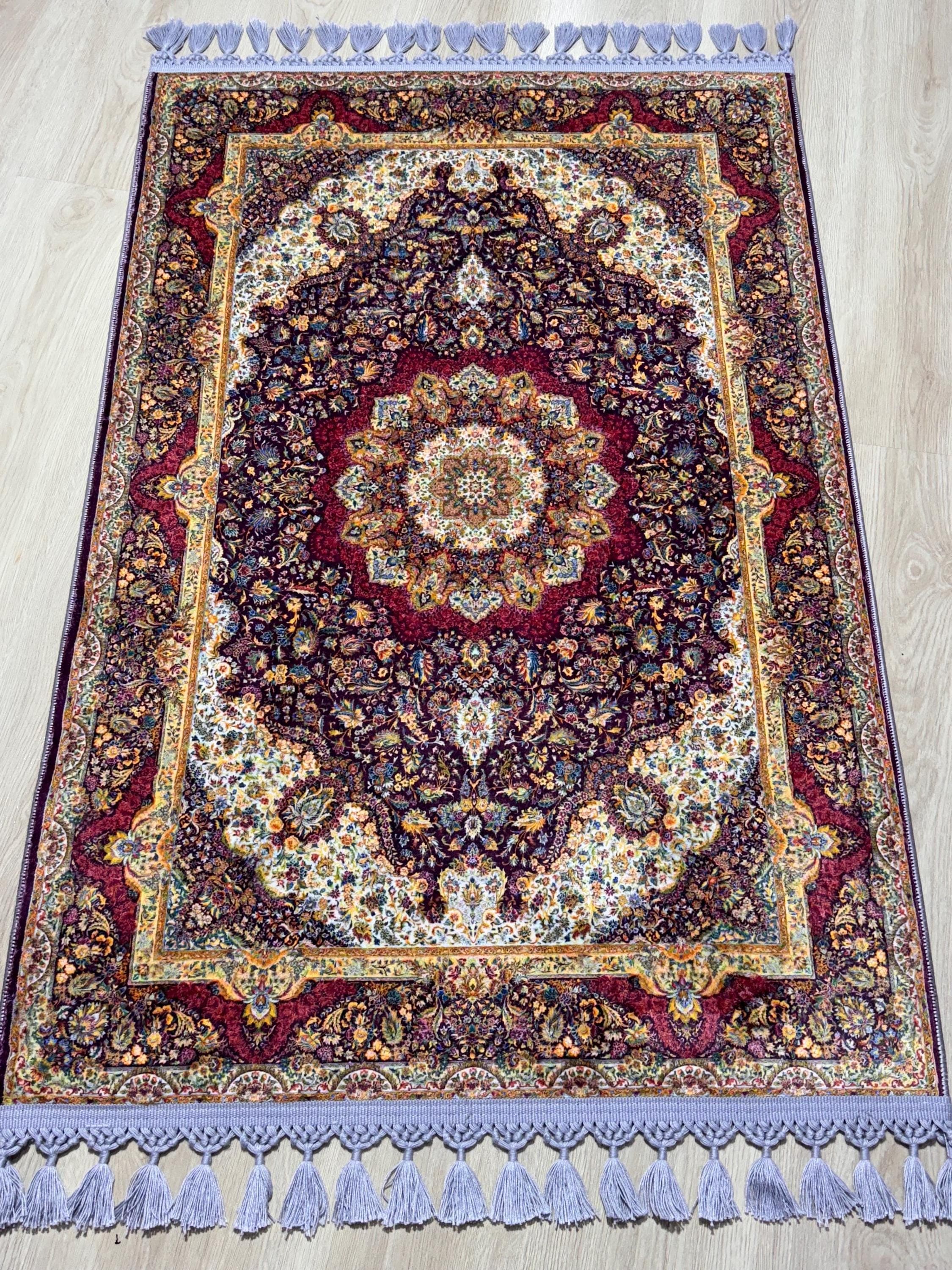 Red Medallion Prayer Rug, Silk-Touch Carpet, Non-Slip Sejadah - image 3