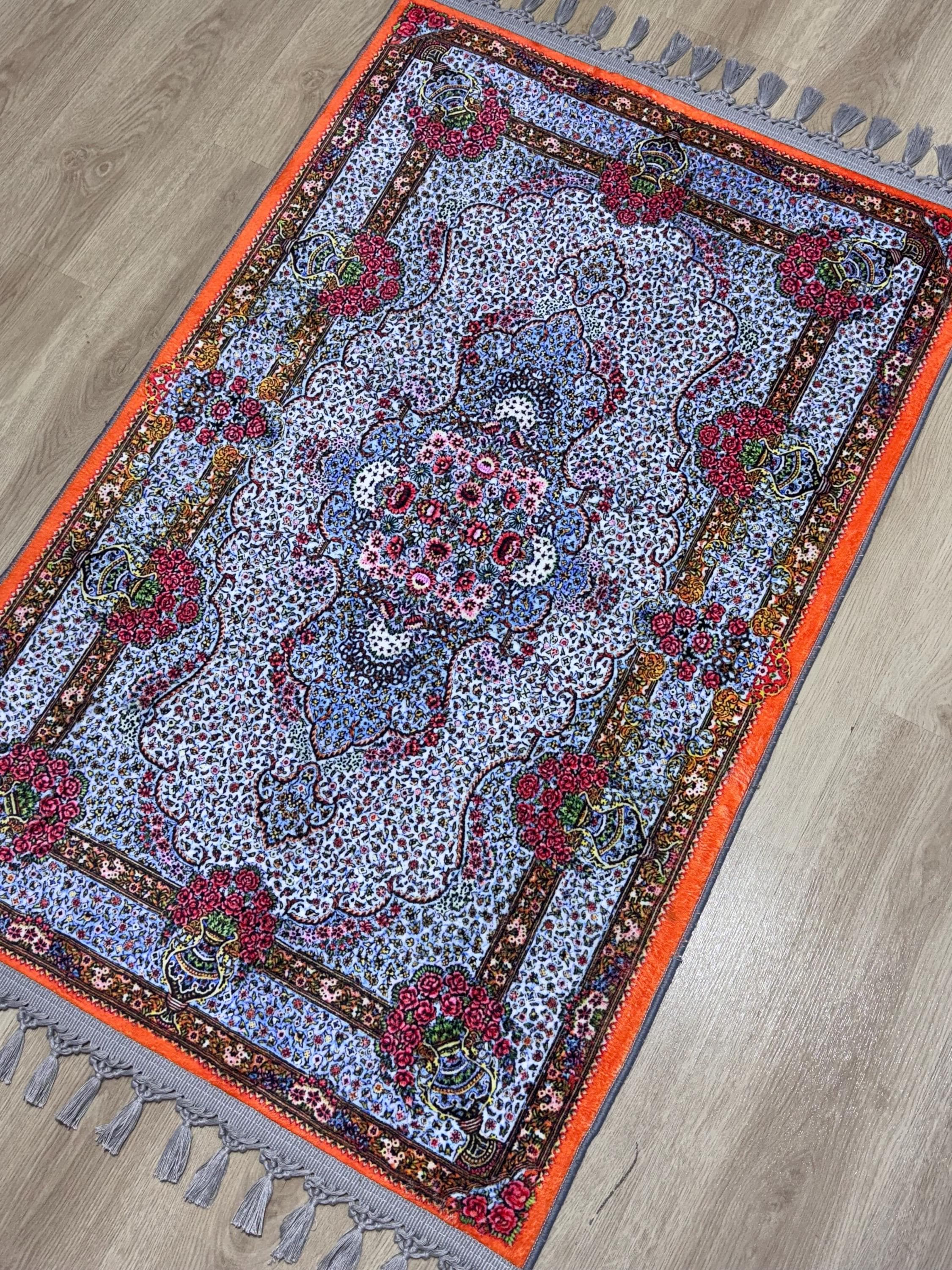 Orange Floral Prayer Rug , Turkish Persian Style, Soft Carpet - Ottoman Mat - Ramadan Salah - Janamaz