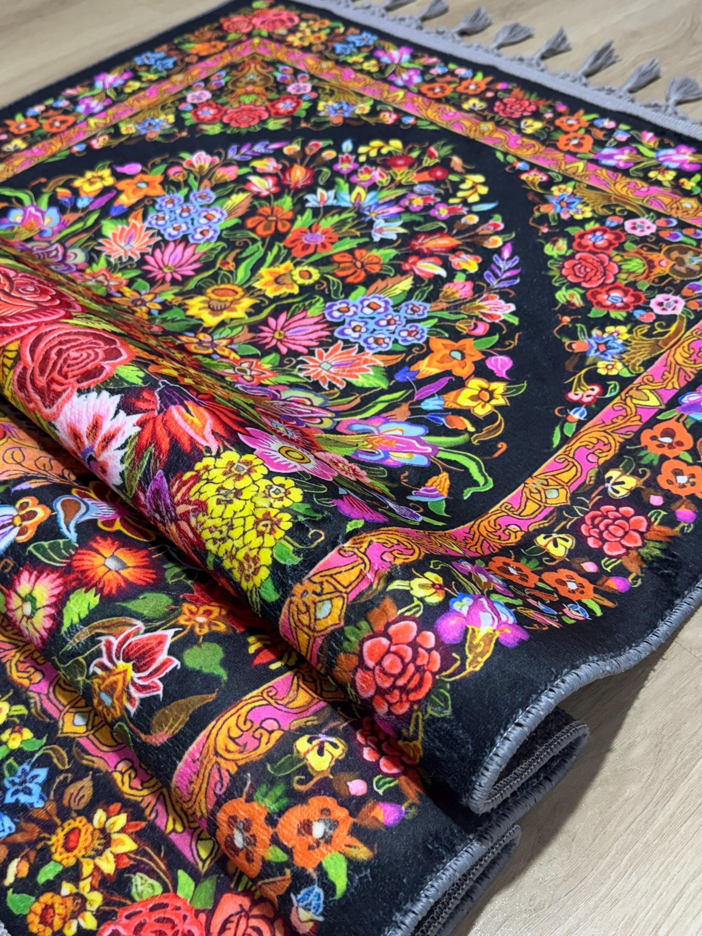 Floral Velvet Turkish Prayer Rug , islamic Sajadah Janamaz Mat -Ramadan Gift- Gebetsteppich - image 3