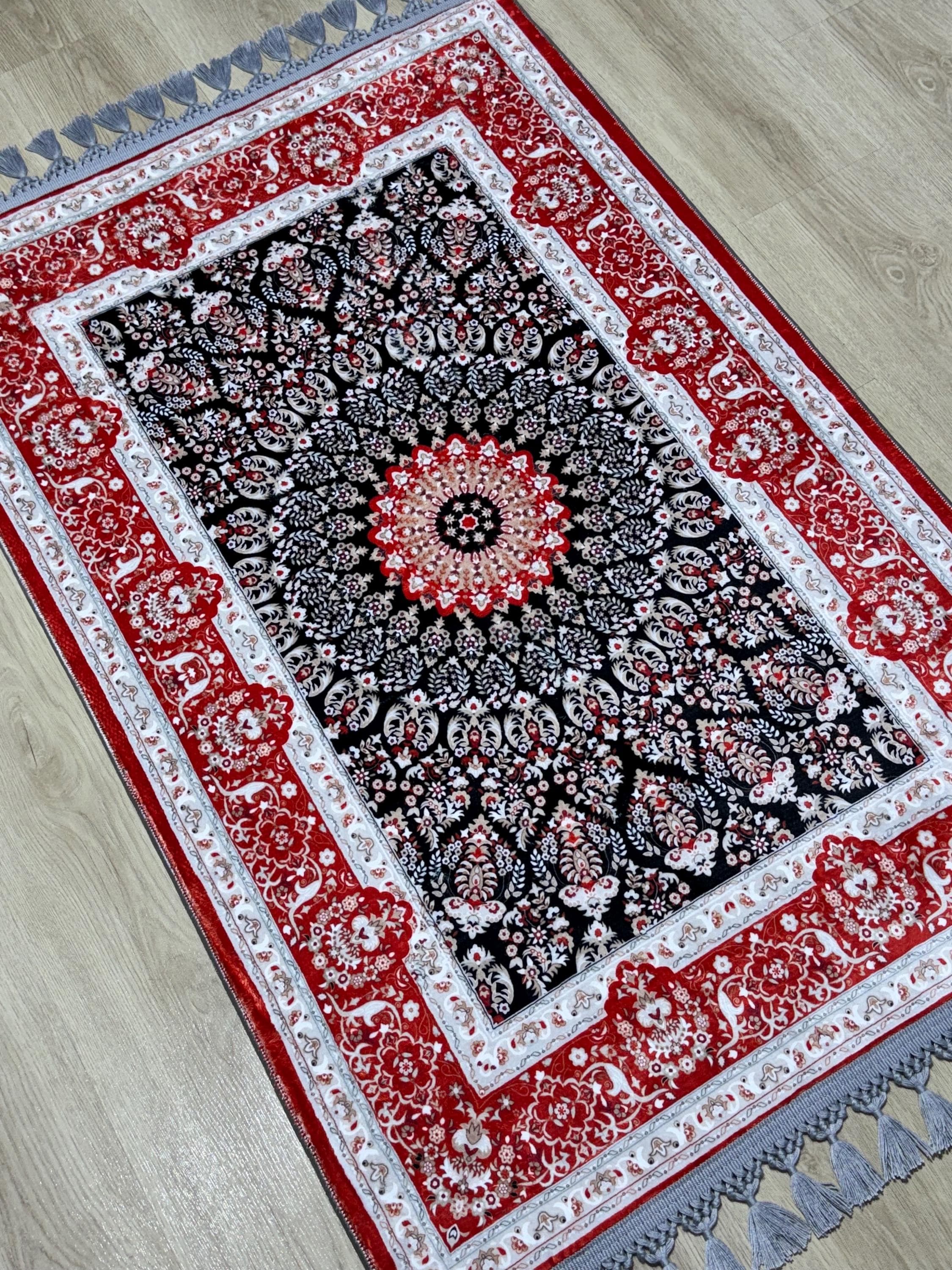 Red Brown Prayer Rug , Classic Medallion, Soft Silk-Touch Carpet, Non-Slip Gebetsteppich- Salah - Muslims