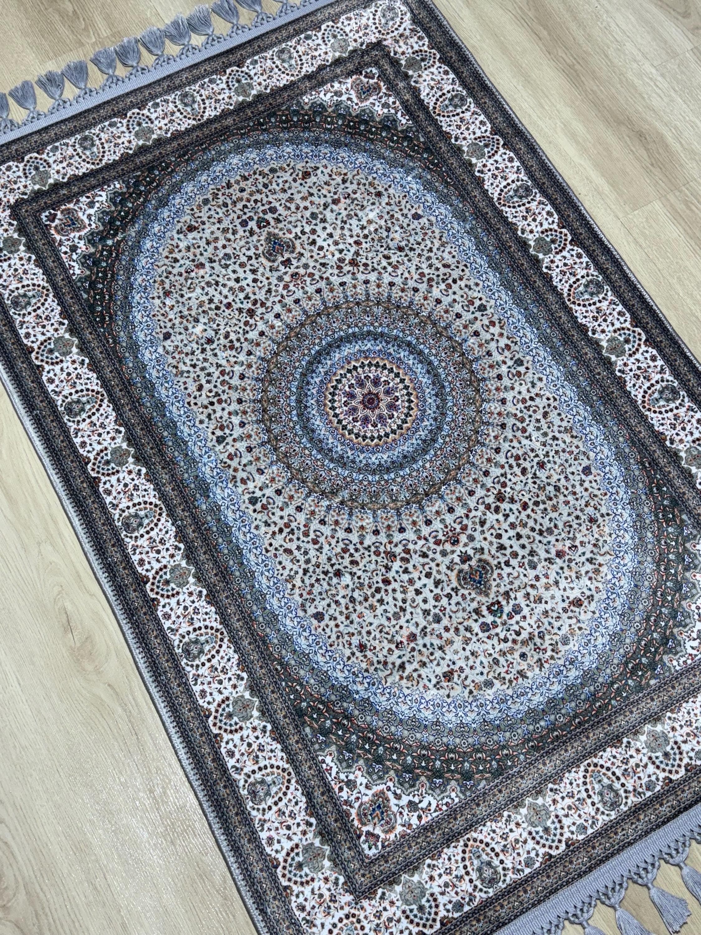 Gray Prayer Rug , Classic Medallion, Soft Silk-Touch Carpet, Non-Slip , Sejadah , Janamaz - Bamboo