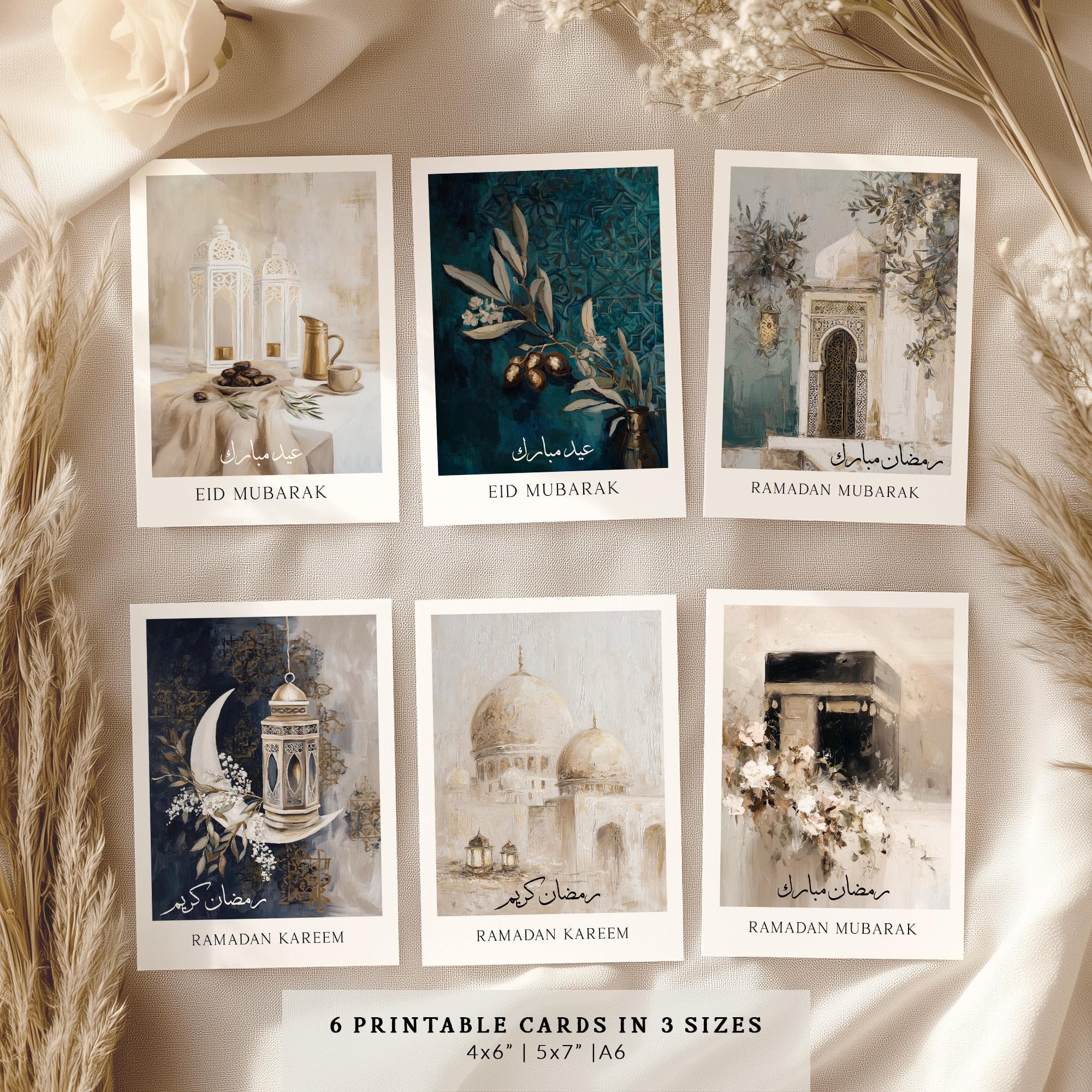 Set of 6 Ramadan & Eid Cards - Digital Download, Ramadan Gifts, Printable Islamic Decorations,  A6, 5x7, 4x6 Greeting Cards Muslim, Kaaba