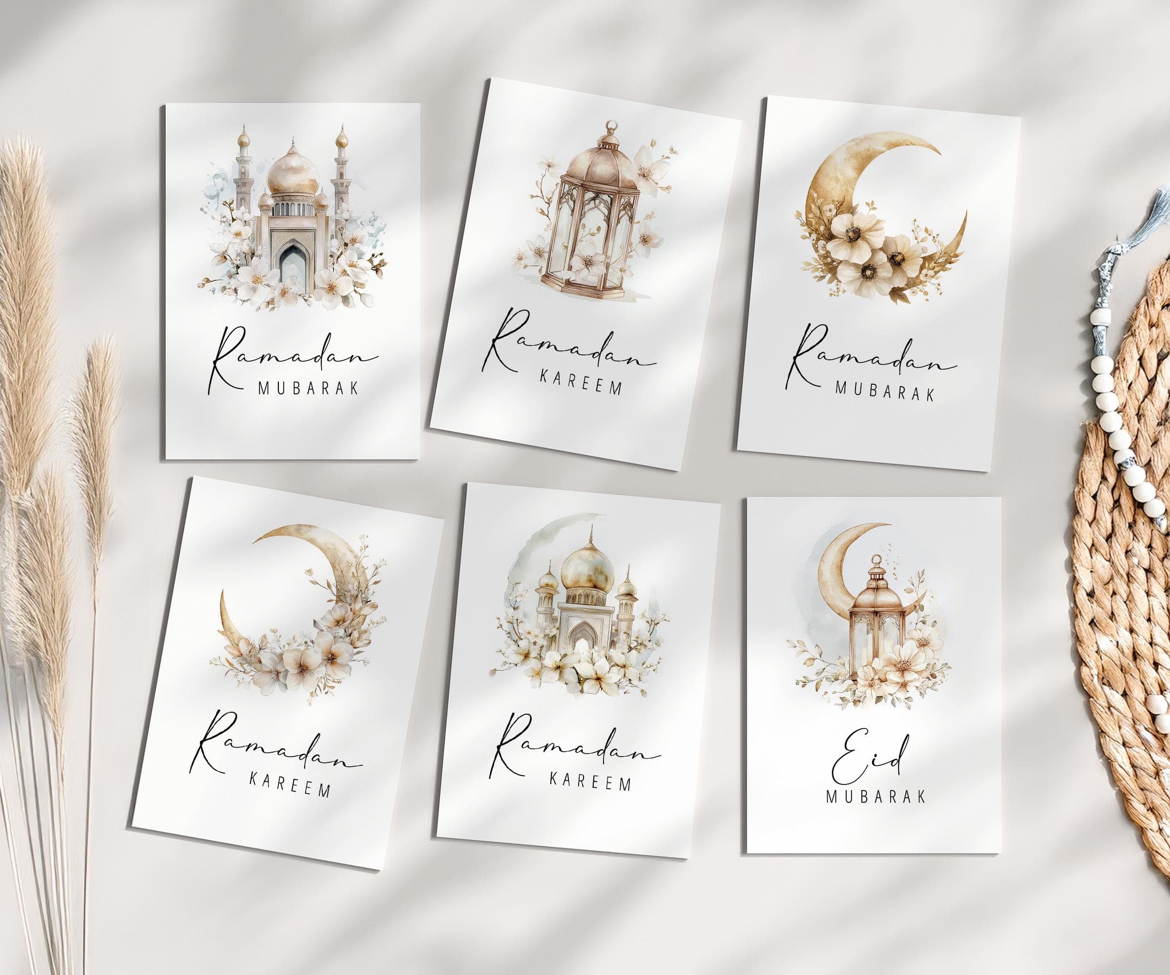 Set of 6 Ramadan Cards - Digital Download, Ramadan Gifts, Printable Islamic Modern Ramadan Decorations,  A6, 5x7, 4x6 Greeting Cards Gold