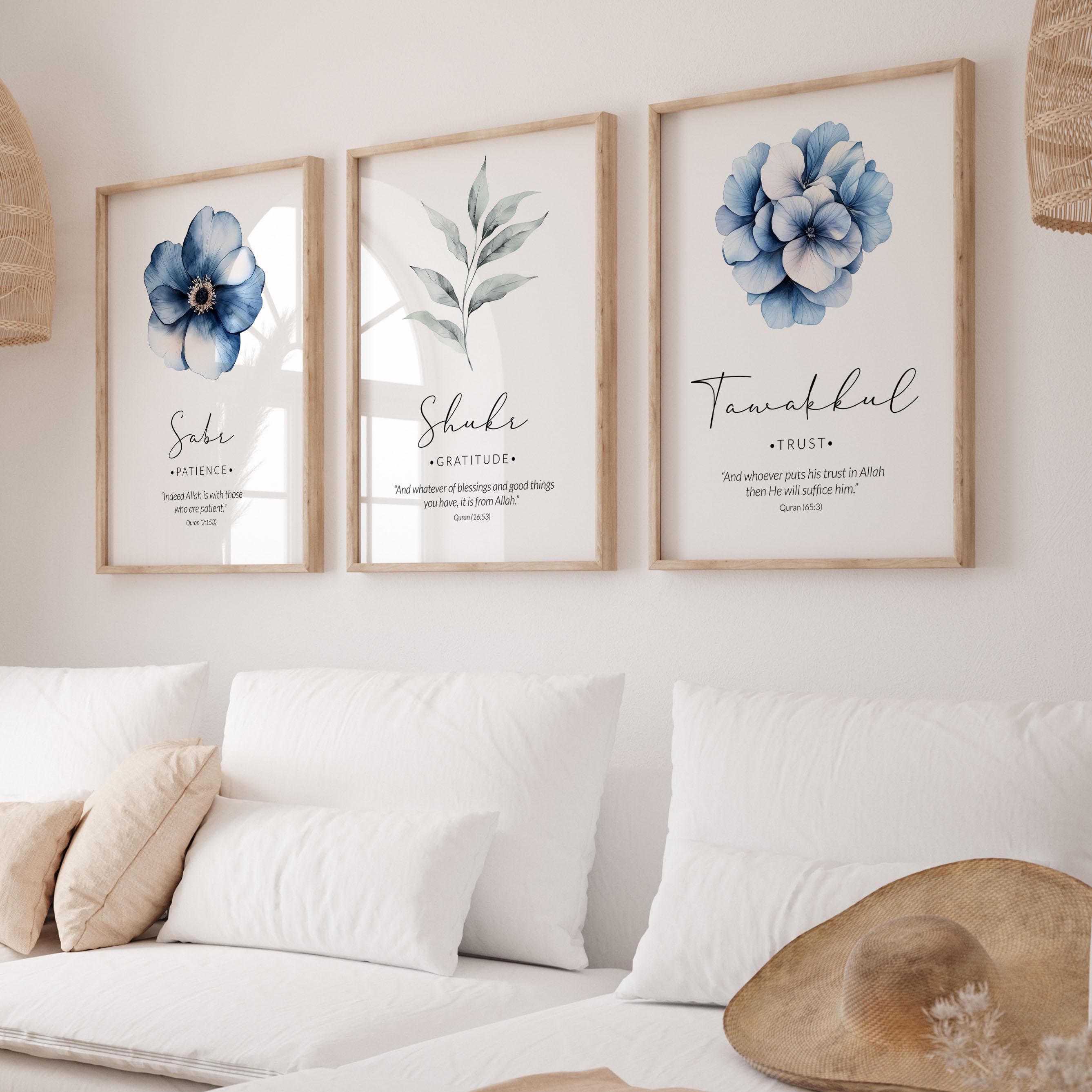 Islamic Wall Art Digital Download, Set of 3 Muslim Posters & Prints, Islamic Gifts, Sage Green Printable Artwork Sabr Shukr Tawakkul Flowers