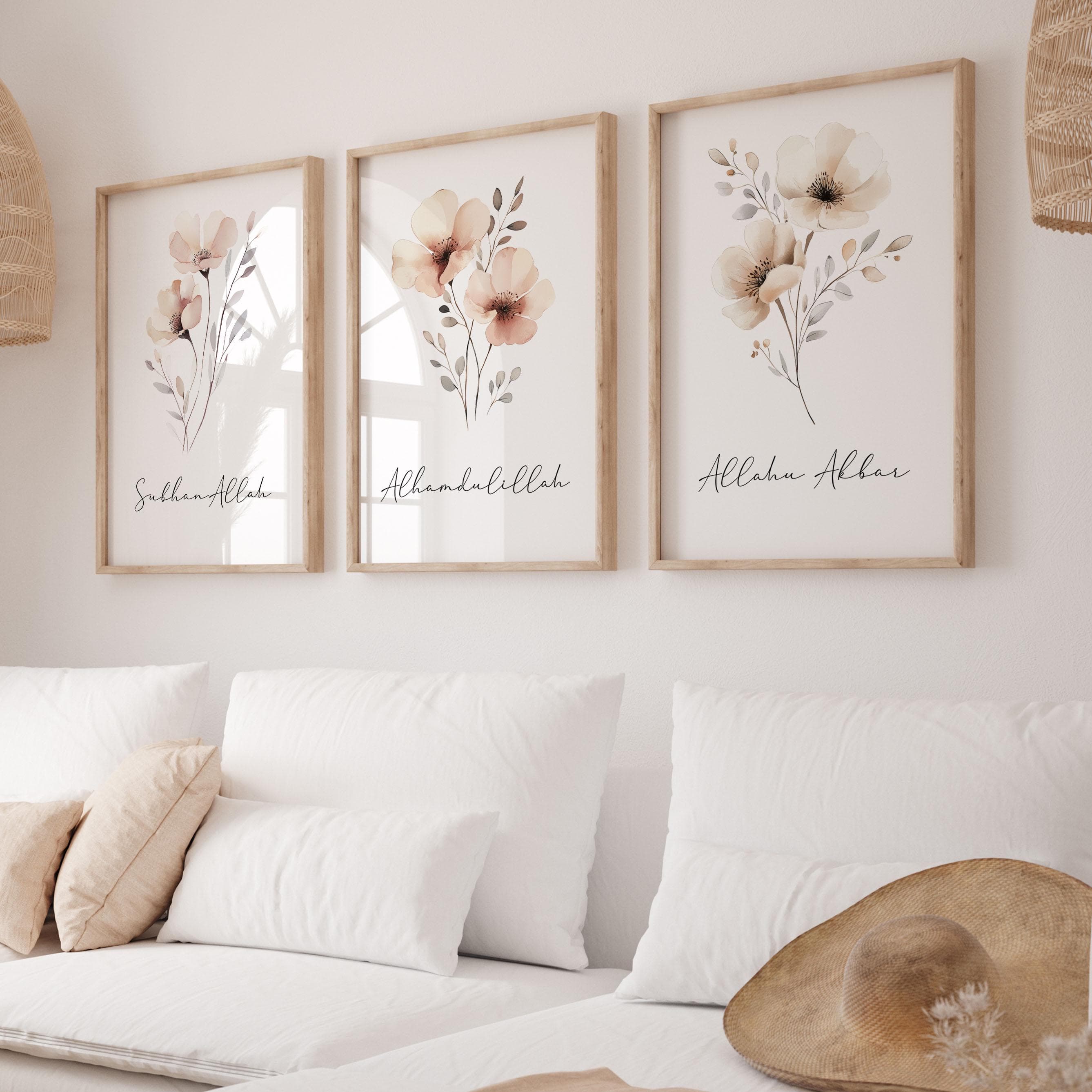 Islamic Wall Art Digital Download, Set of 3 Muslim Posters & Prints, Islamic Gifts, Flower Art for Modern Muslim Home Decor, Alhamdulillah