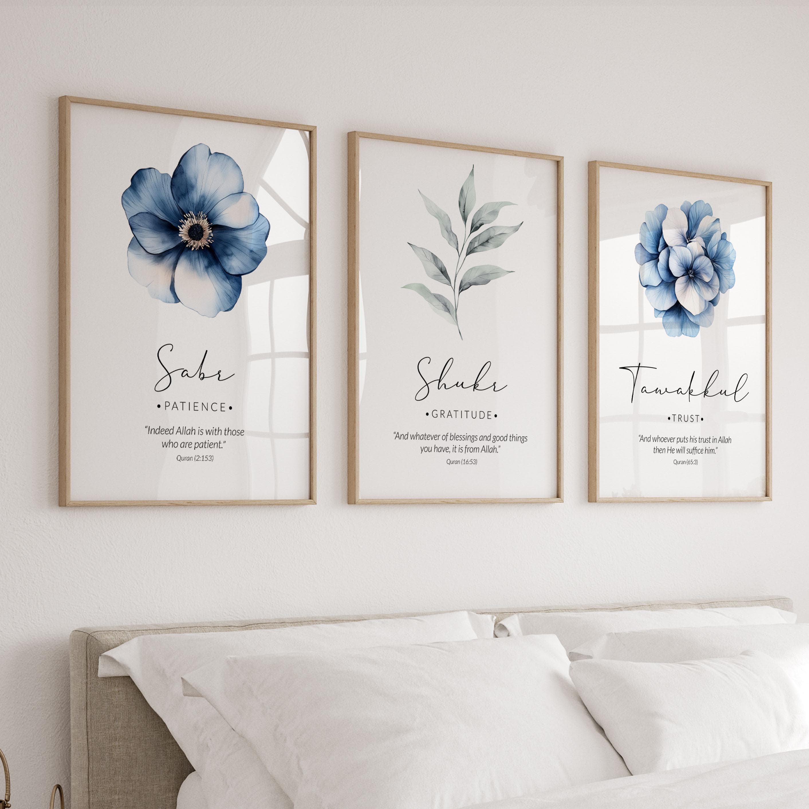 Islamic Wall Art Digital Download, Set of 3 Muslim Posters & Prints, Islamic Gifts, Sage Green Printable Artwork Sabr Shukr Tawakkul Flowers - image 3