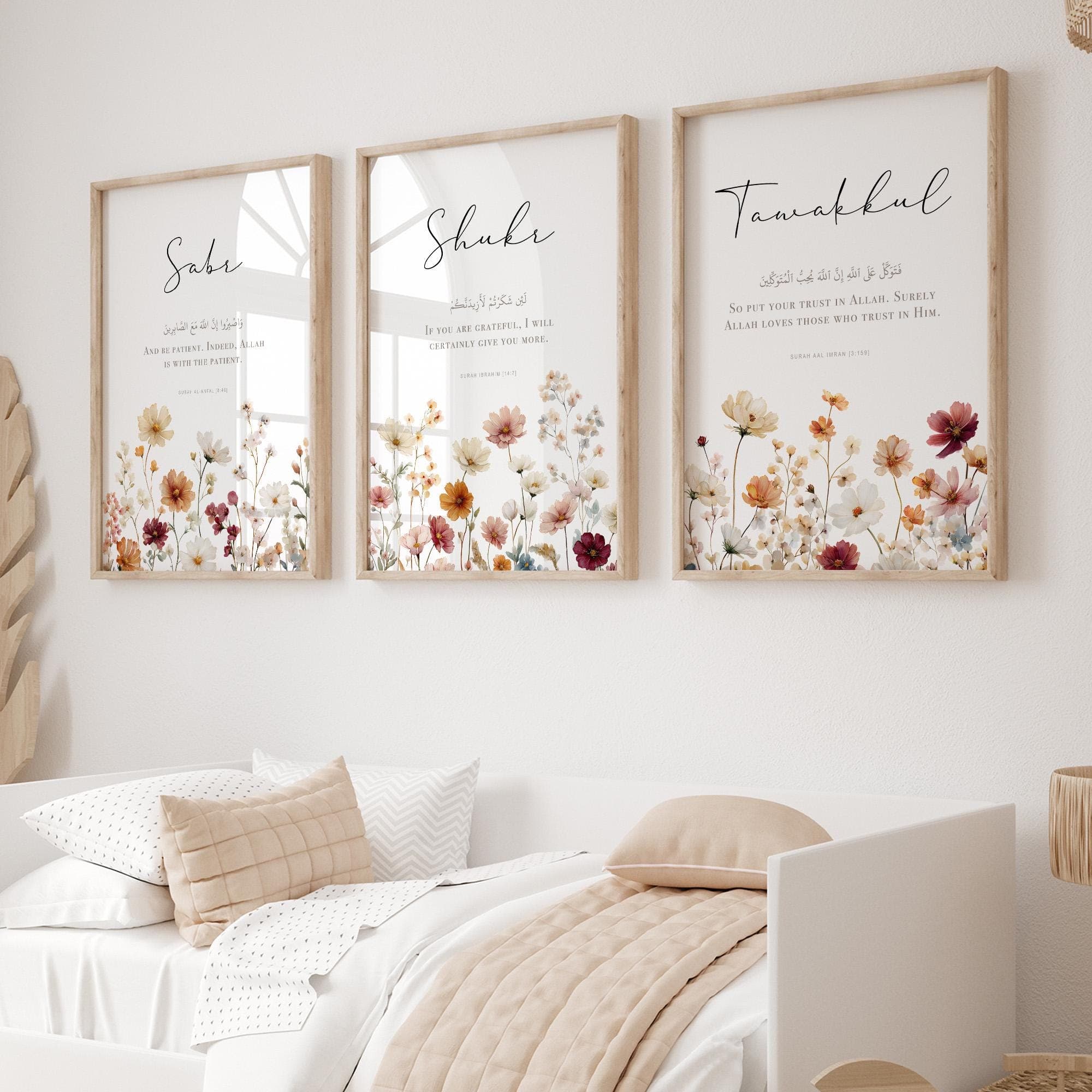 Set of 3 Islamic Digital Art Prints, Islamic Printable Wall Art, Inspirational Muslim Posters, Islamic Gifts Sabr Shukr Tawakkul Quran Verse