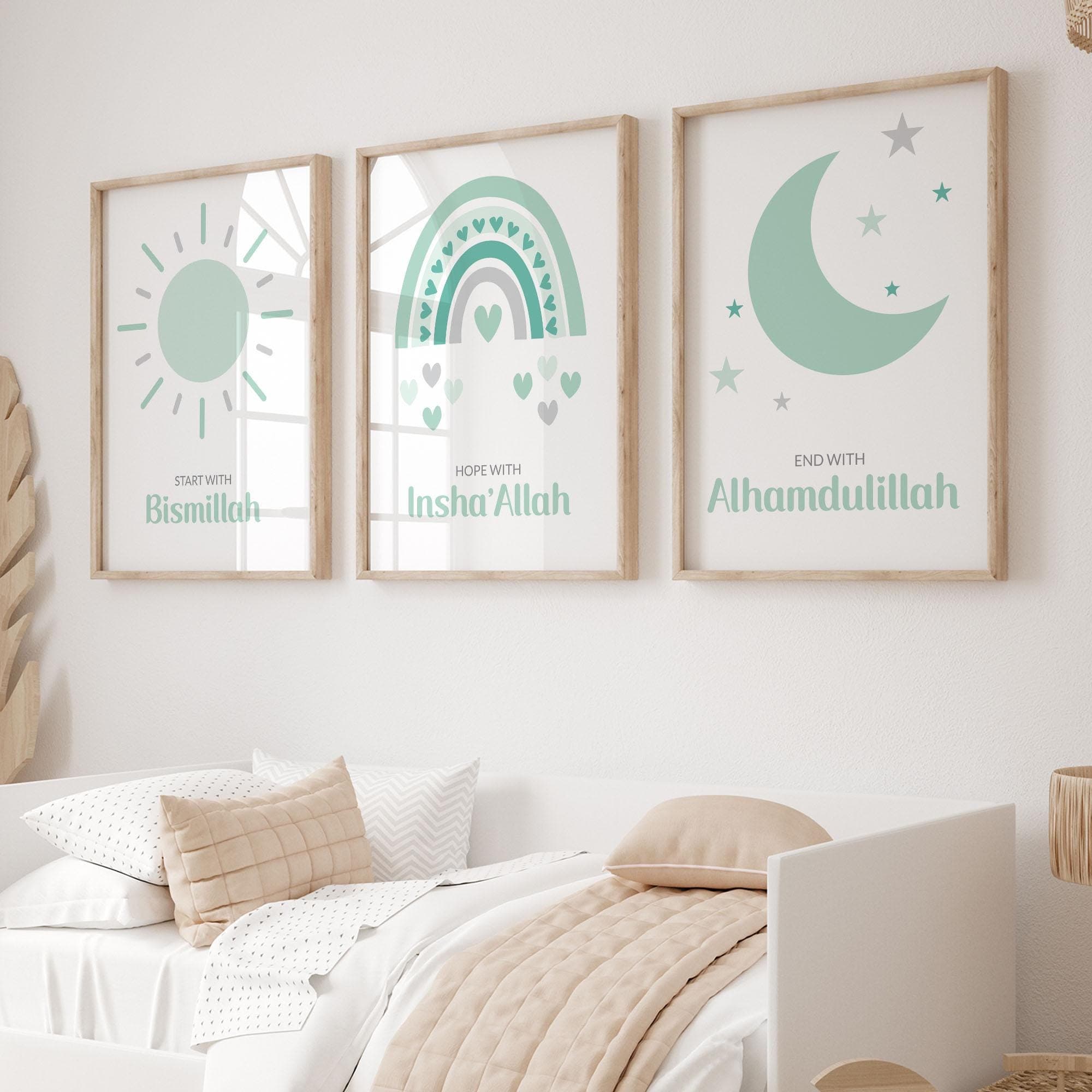 Set of 3 Printable Islamic Wall Art for Children, Muslim Nursery Decor Mint Green, Islam Posters & Prints Kids, Eid Gift, Digital Download