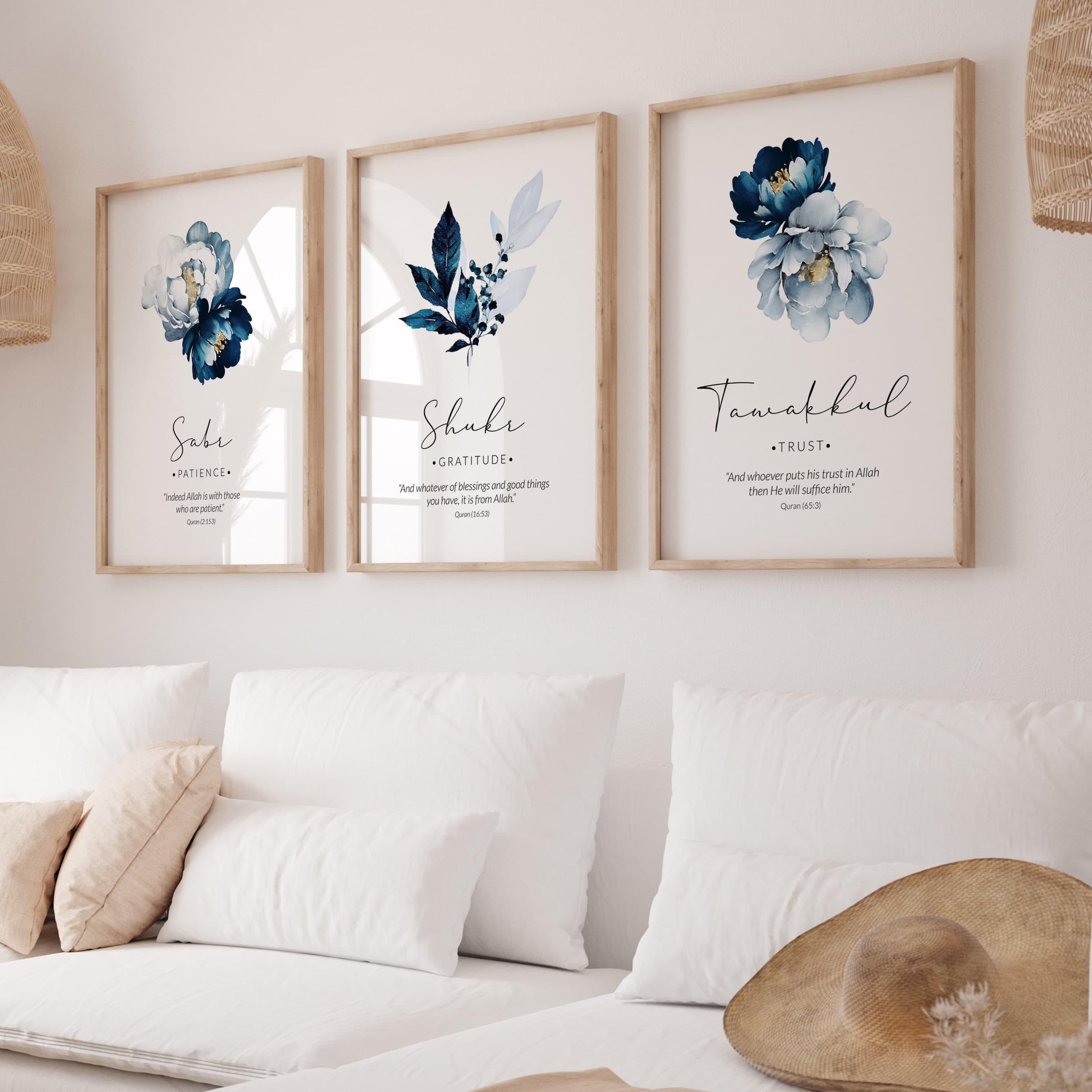 Set of 3 islamic printable wall art in navy blue featuring Quran quotes about Sabr, Shukr, Tawakkul.