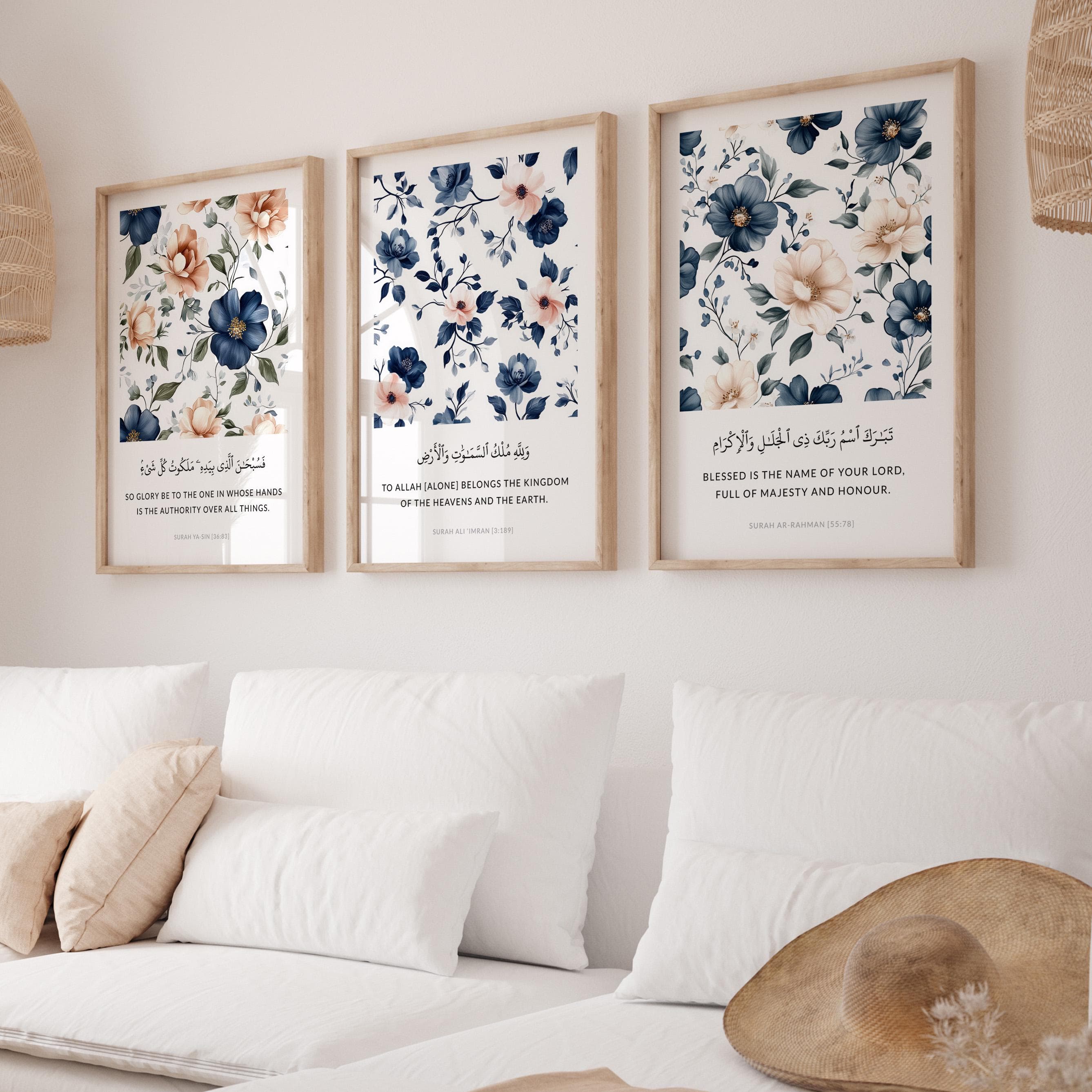 Set of 3 Islamic Wall Art Prints - Digital Download, Printable Muslim Posters & Prints, Islamic Gifts, Quran Verses Art in Navy Blue