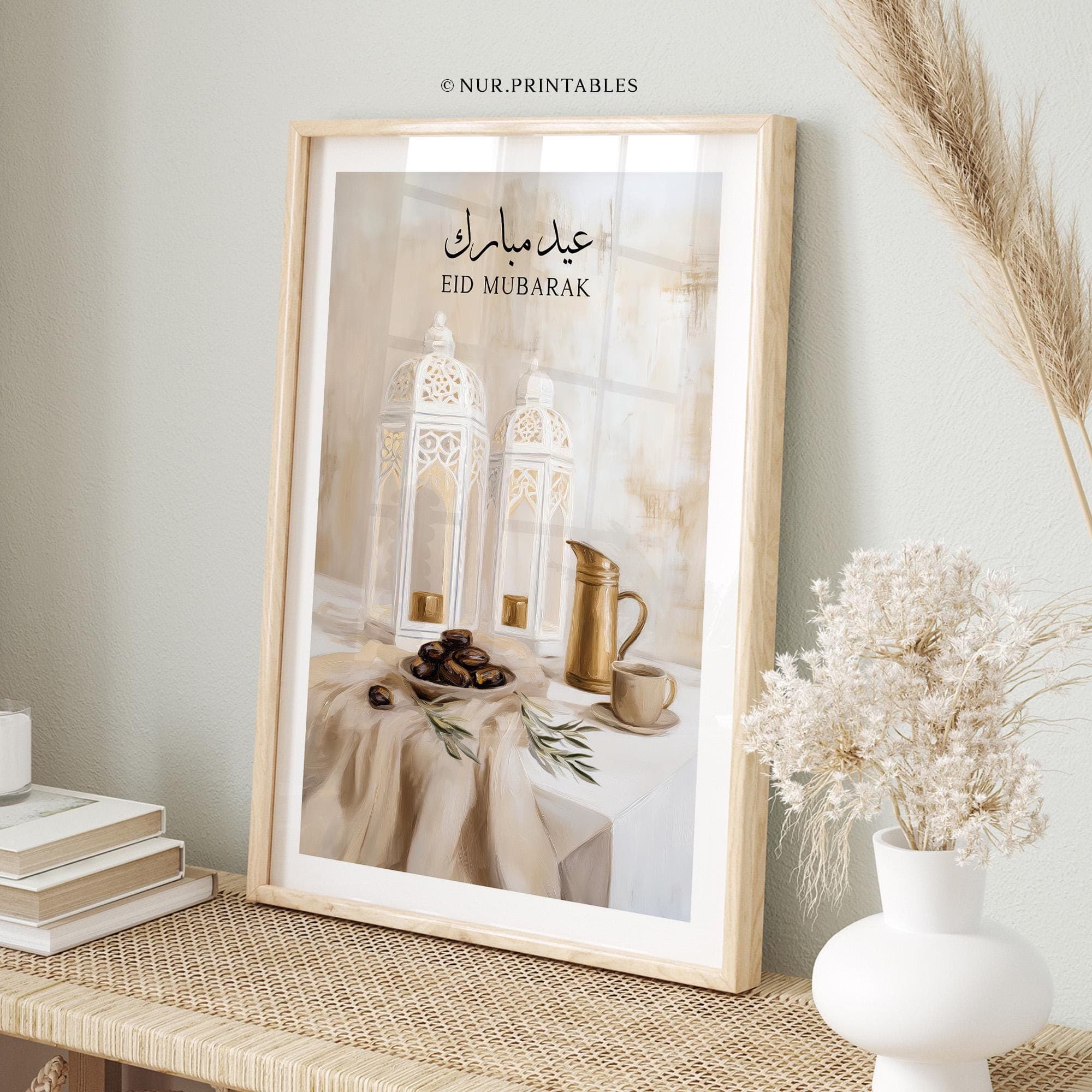 Eid Mubarak Islamic Wall Art Print - DIGITAL DOWNLOAD, Printable Muslim Poster, Lantern Painting, Ramadan Gift Decor & Decorations