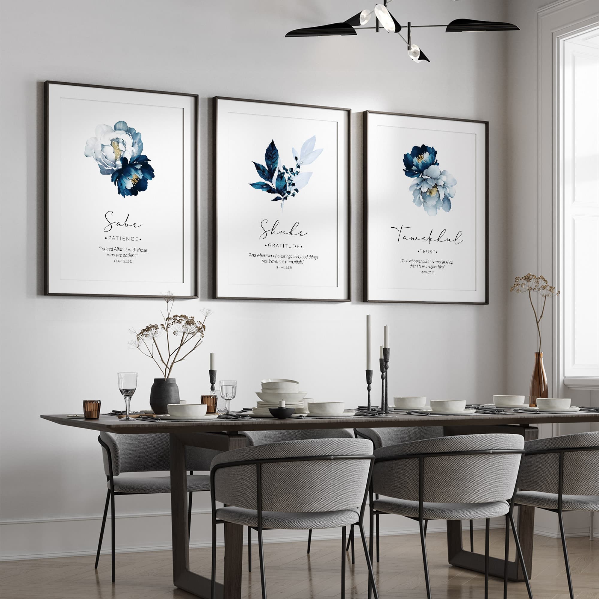Islamic Wall Art Digital Download, Set of 3 Muslim Posters & Prints, Islamic Gifts, Navy Blue Printable Artwork Sabr Shukr Tawakkul Flowers - image 5