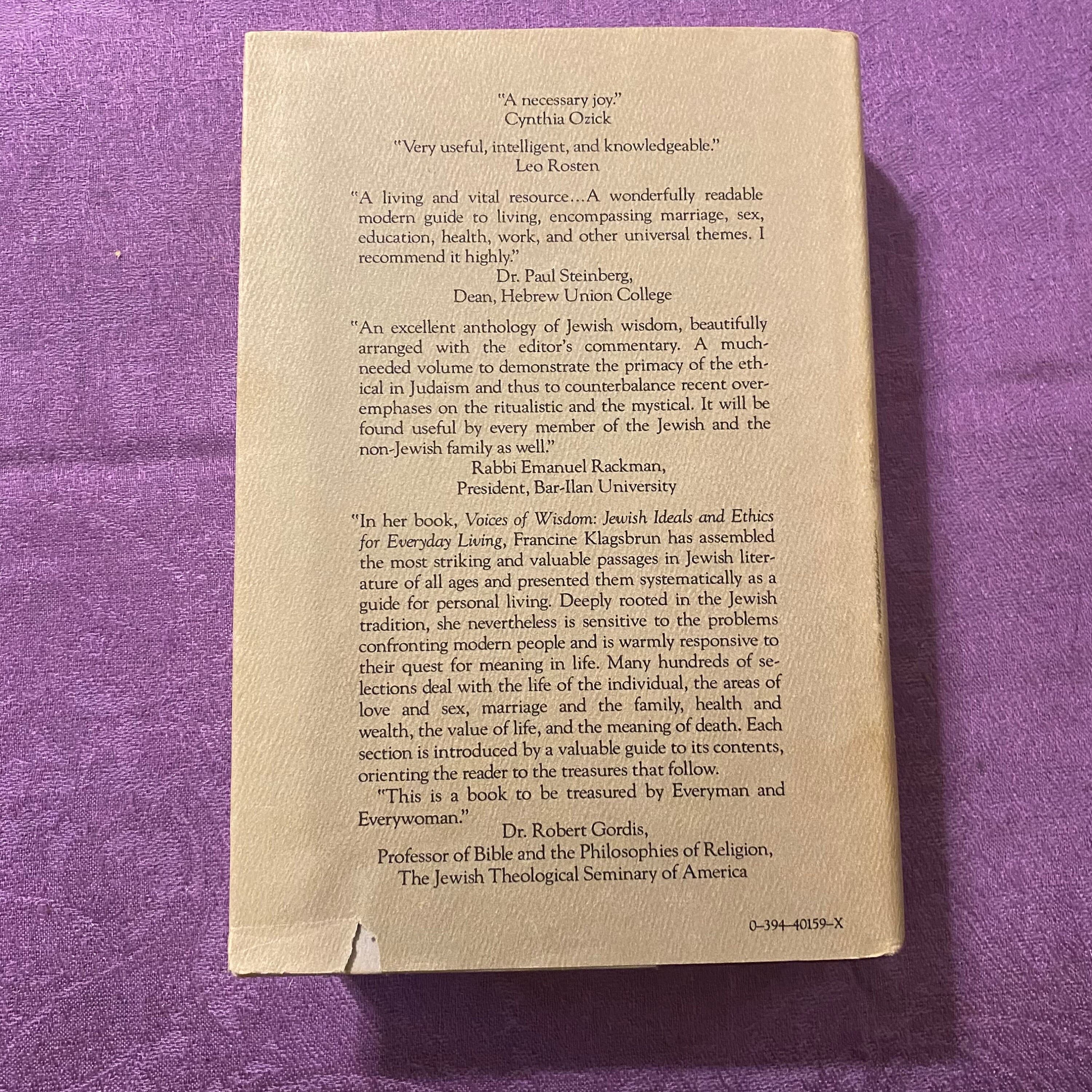 Voices of Wisdom, Jewish Ideals and Ethics for Everyday Living, by Francine Klagsbrun, Stated First Edition, Hardcover Book, 1980 - image 4