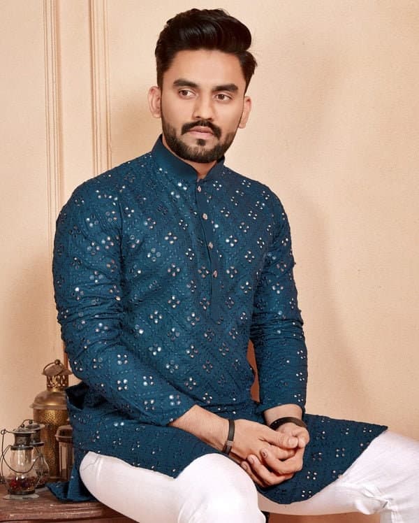 Embroidered Georgette Kurta Pajama Set: Mirror Work Indian Menswear