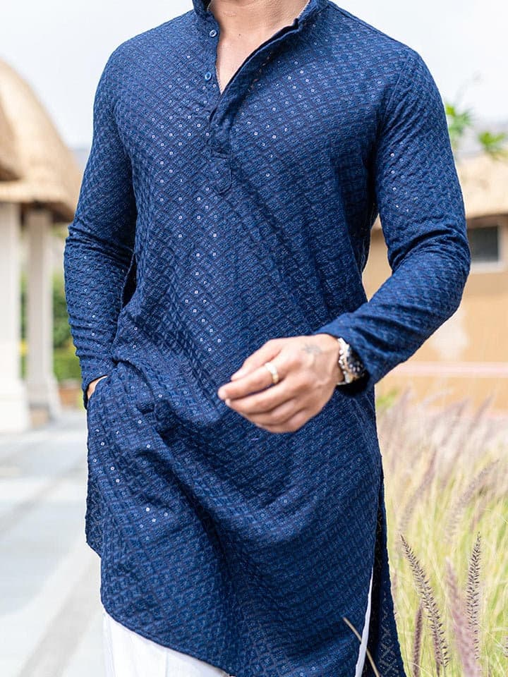 Blue Cotton Chikankari Kurta: Men's Floral Party Wear - image 4