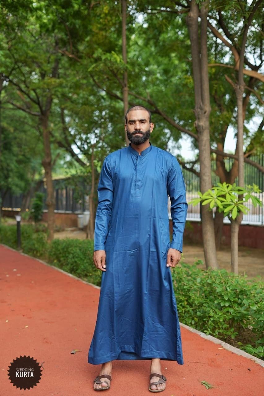 Handmade Royal Blue Cotton Jubba: Men's Emirati Wedding Thobe - image 3