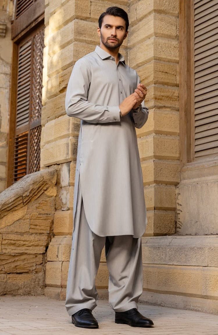 Gray Handmade Shalwar Kameez: Pakistani Men's Style - image 3