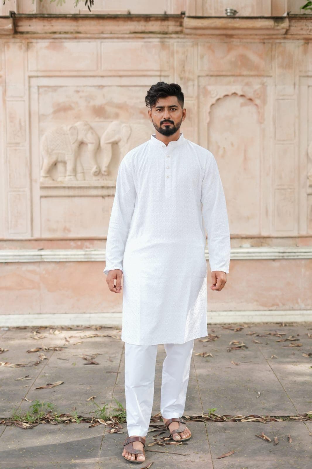 White Cotton Men's Kurta Set: Sequin Mirror Work, Traditional Indian Style - image 5