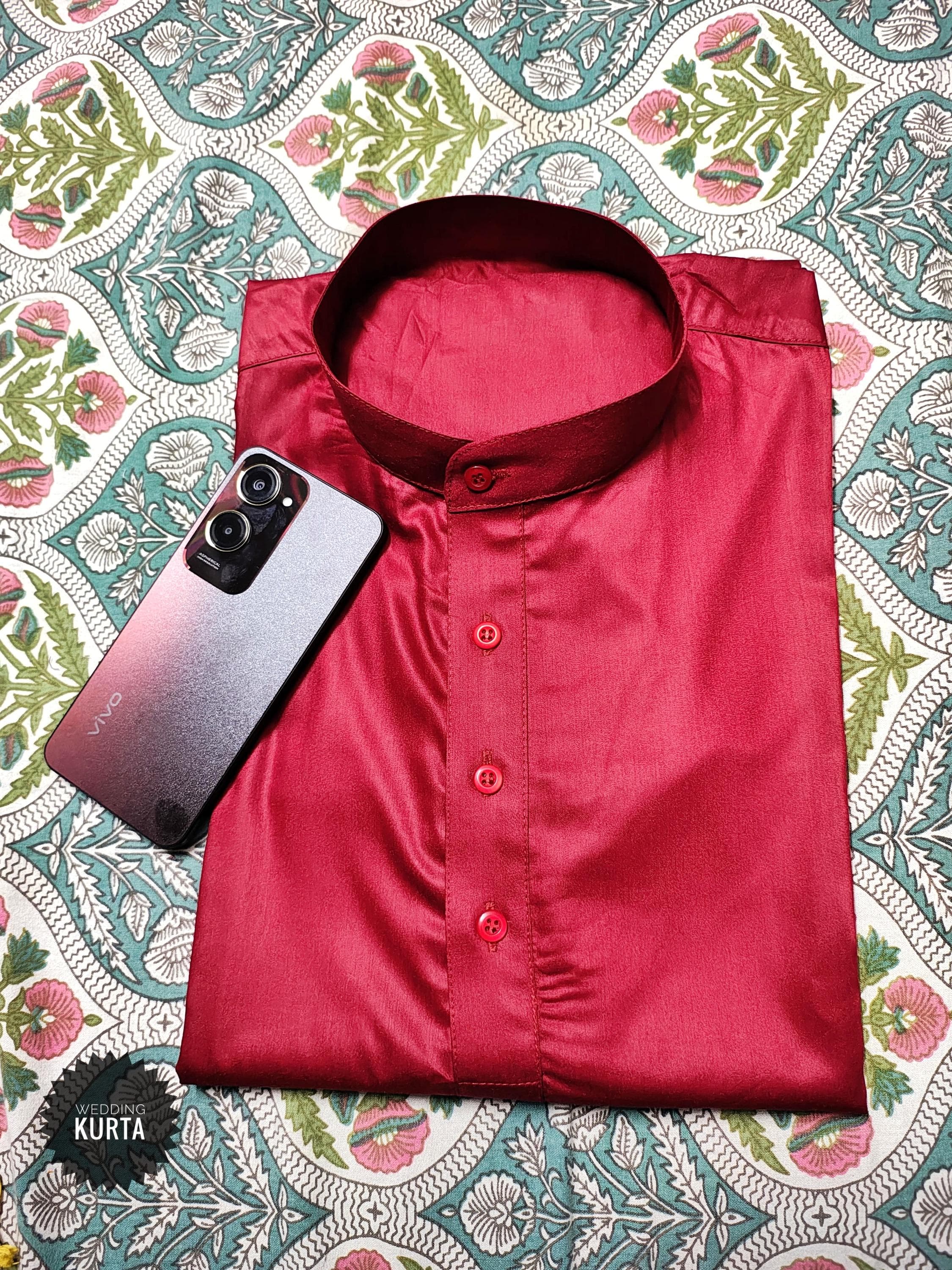 Handmade Maroon Cotton Short Kurta: Indian Men's Party Wear