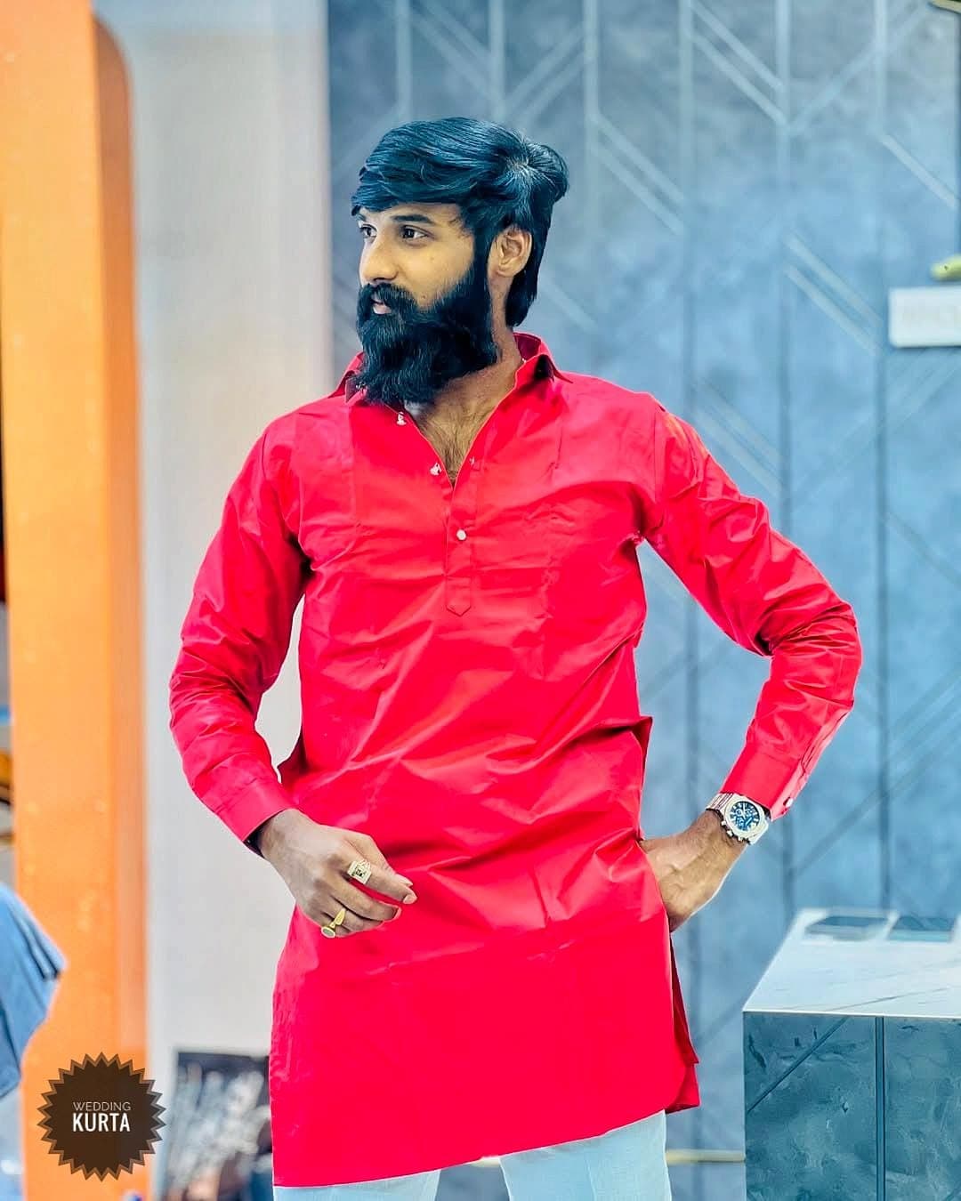 Red Cotton Kurta Pajama Set: Men's Wedding Party Outfit