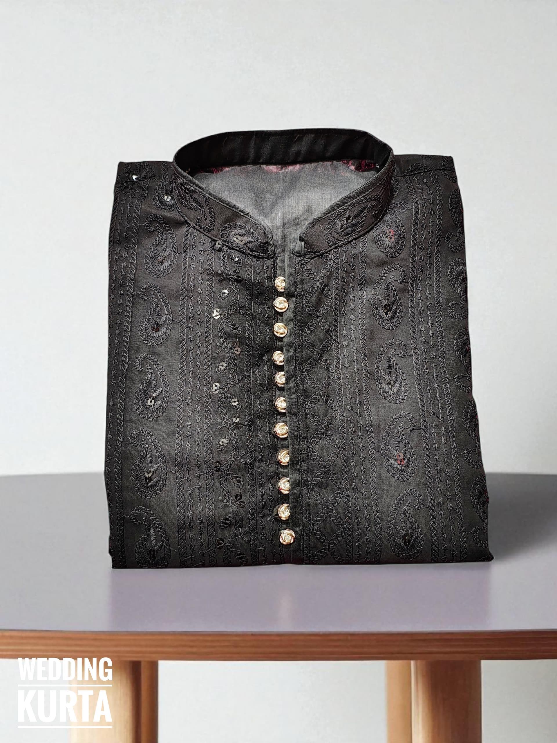 Men's Black Chikankari Kurta Pajama Set: Embroidered Mirror Work