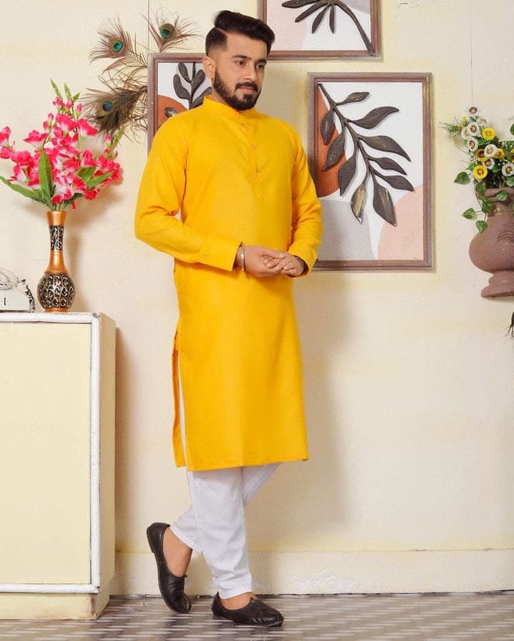 Men's Haldi Yellow Cotton Kurta Pajama Set - image 3